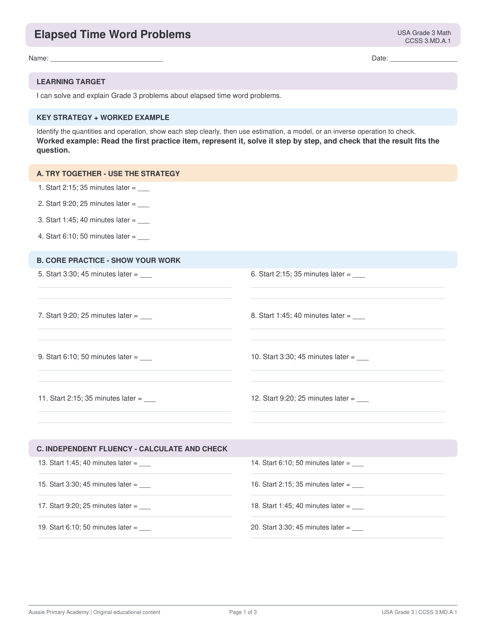 Elapsed Time Word Problems worksheet preview