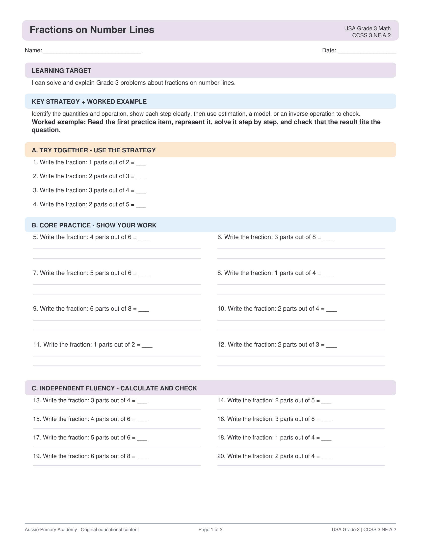 Grade 3 Math Fractions on Number Lines & Equivalence worksheet preview