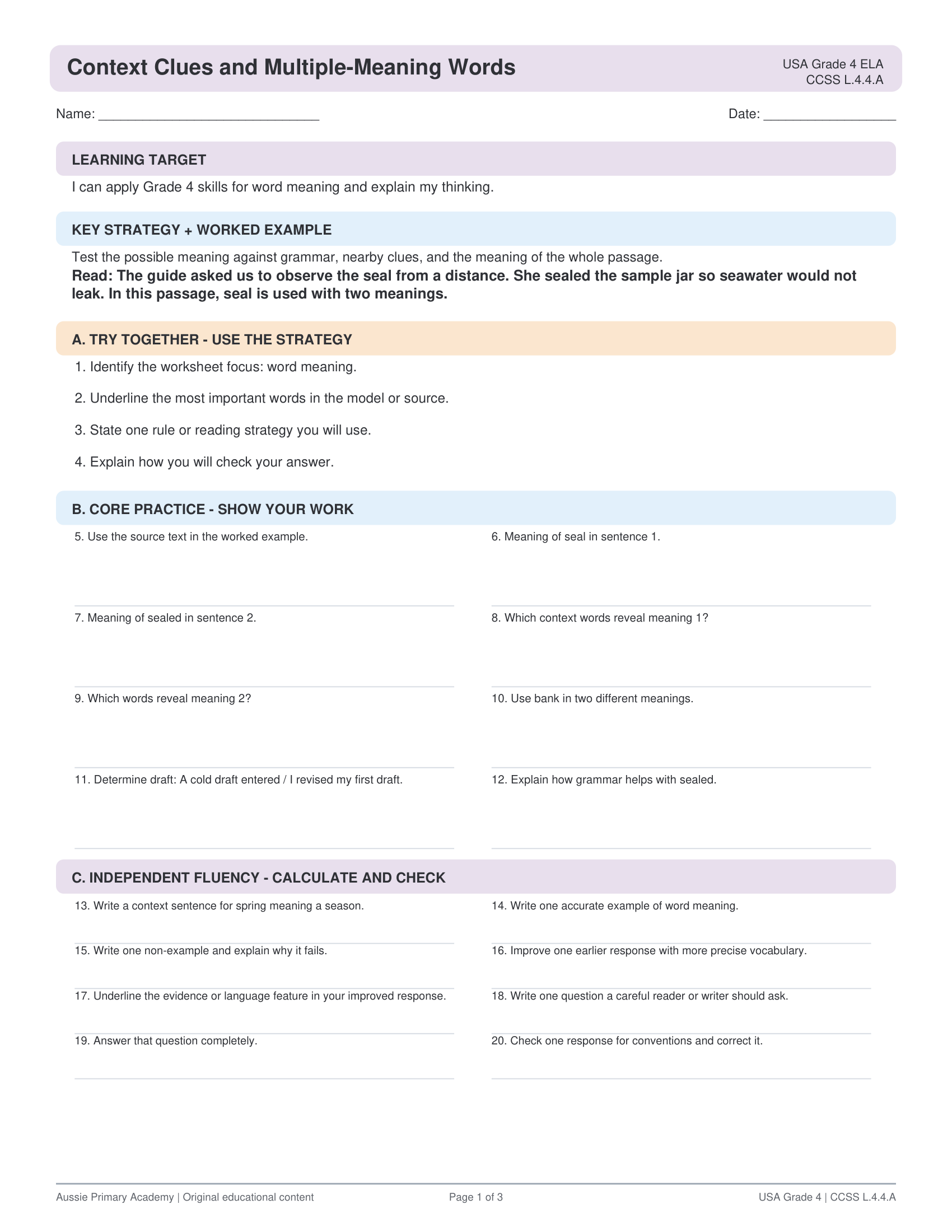 Context Clues Multiple Meaning Words worksheet preview