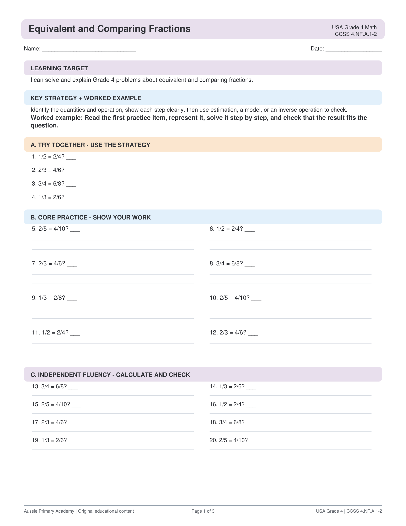 Equivalent Comparing Fractions worksheet preview