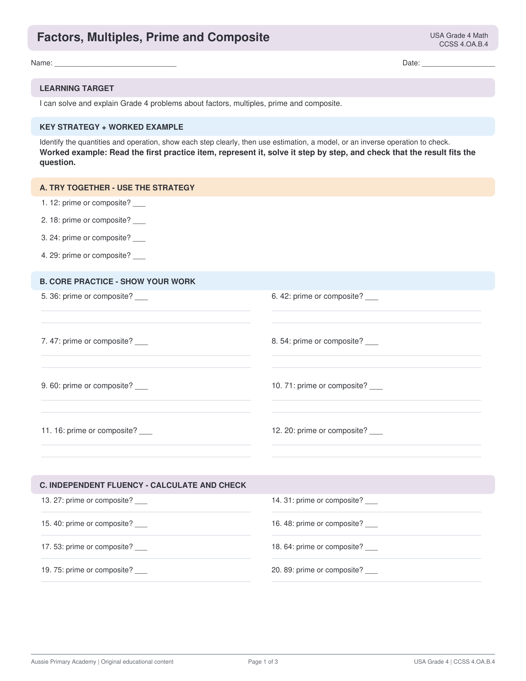 Factors Multiples Prime Composite worksheet preview