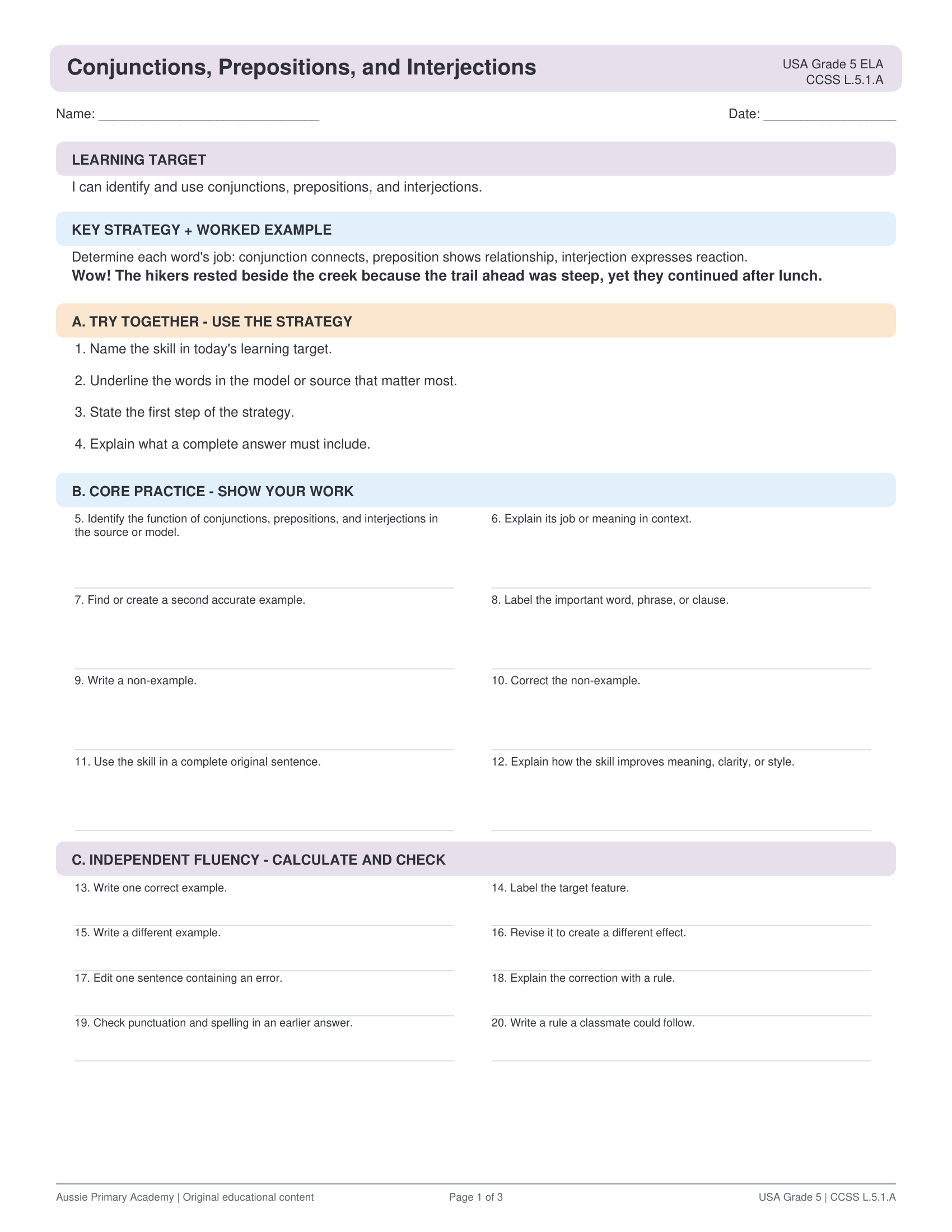 Grade 5 Conjunctions Prepositions Interjections preview