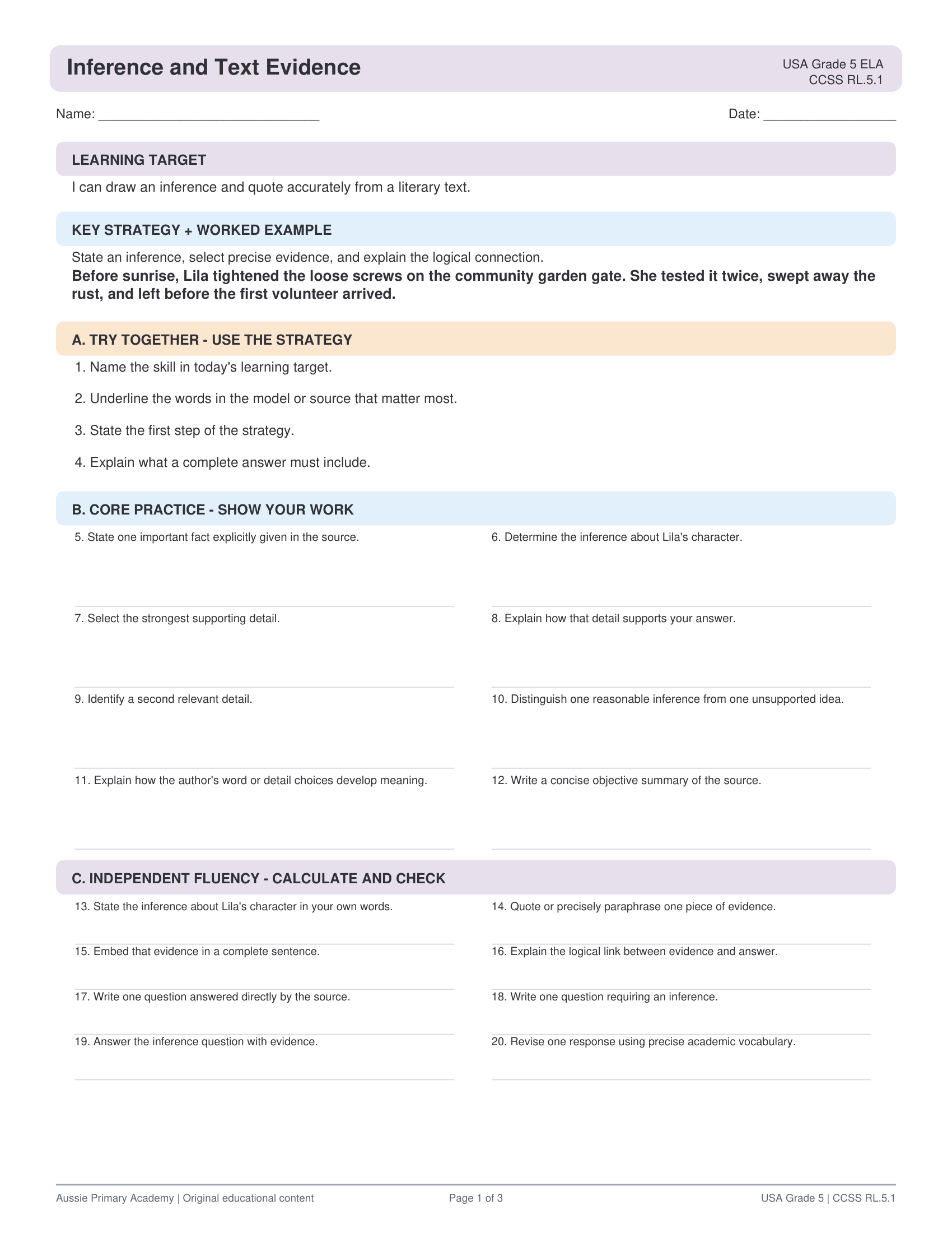 Inference Text Evidence Reading Comprehension worksheet preview