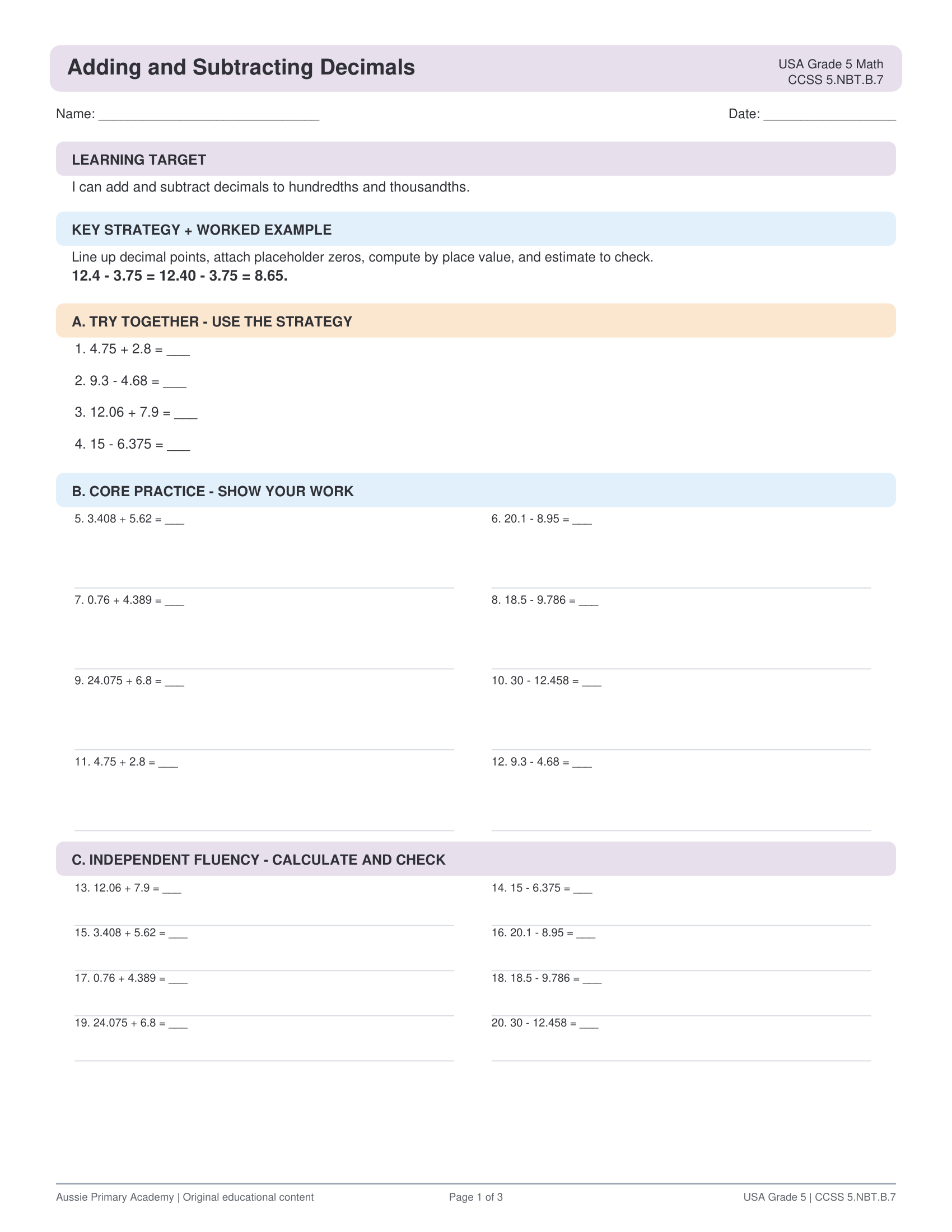 Grade 5 Math Adding and Subtracting Decimals worksheet preview