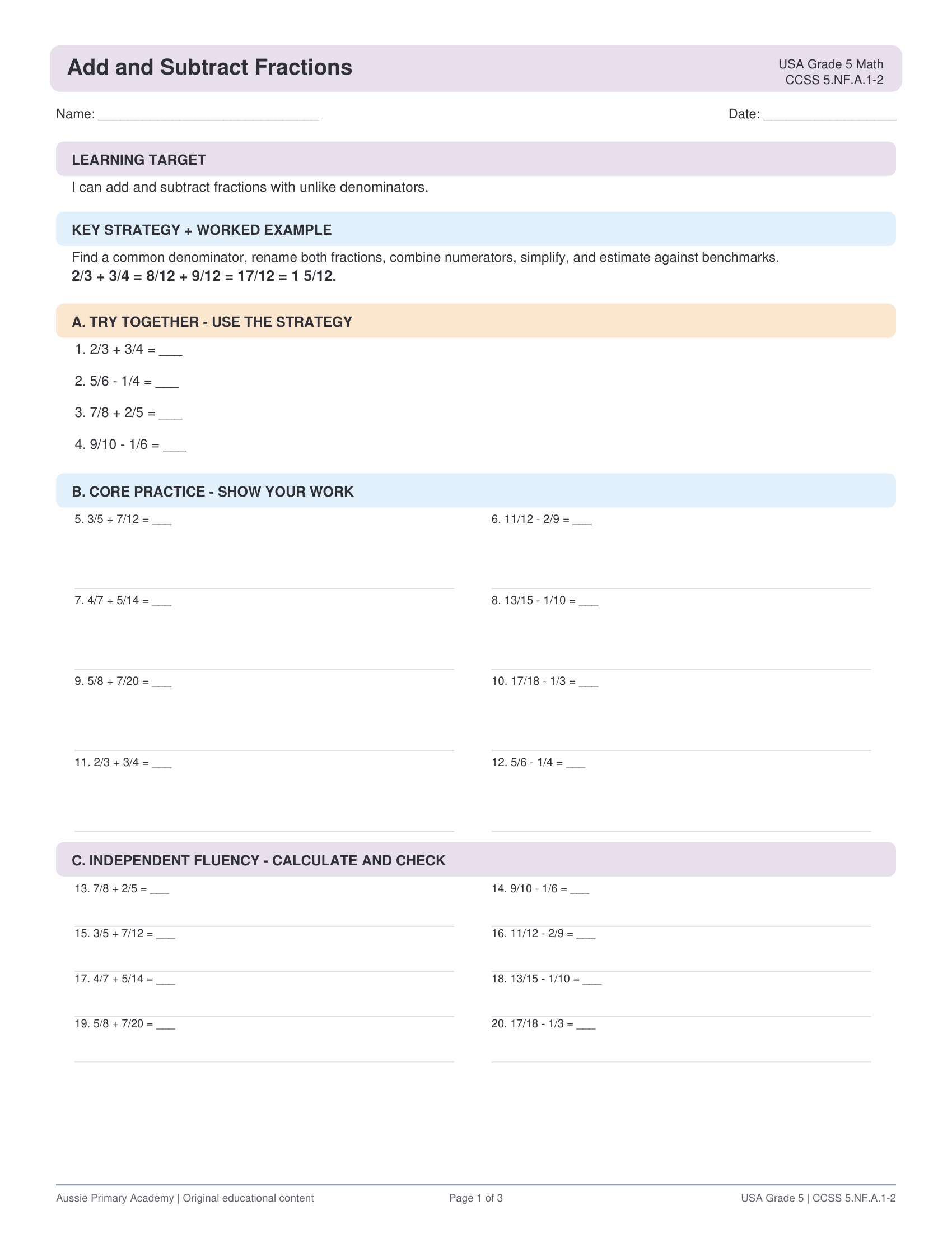 Adding Subtracting Fractions Unlike Denominators worksheet preview
