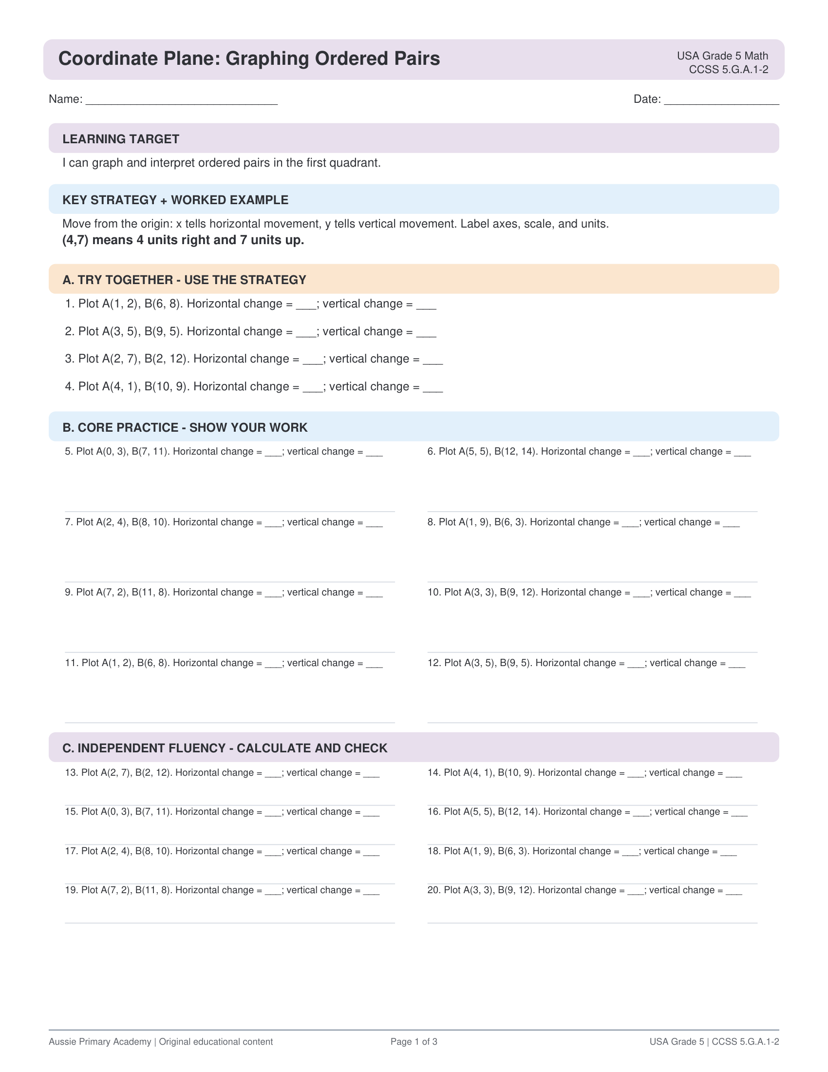 Grade 5 Math Coordinate Plane Ordered Pairs worksheet preview