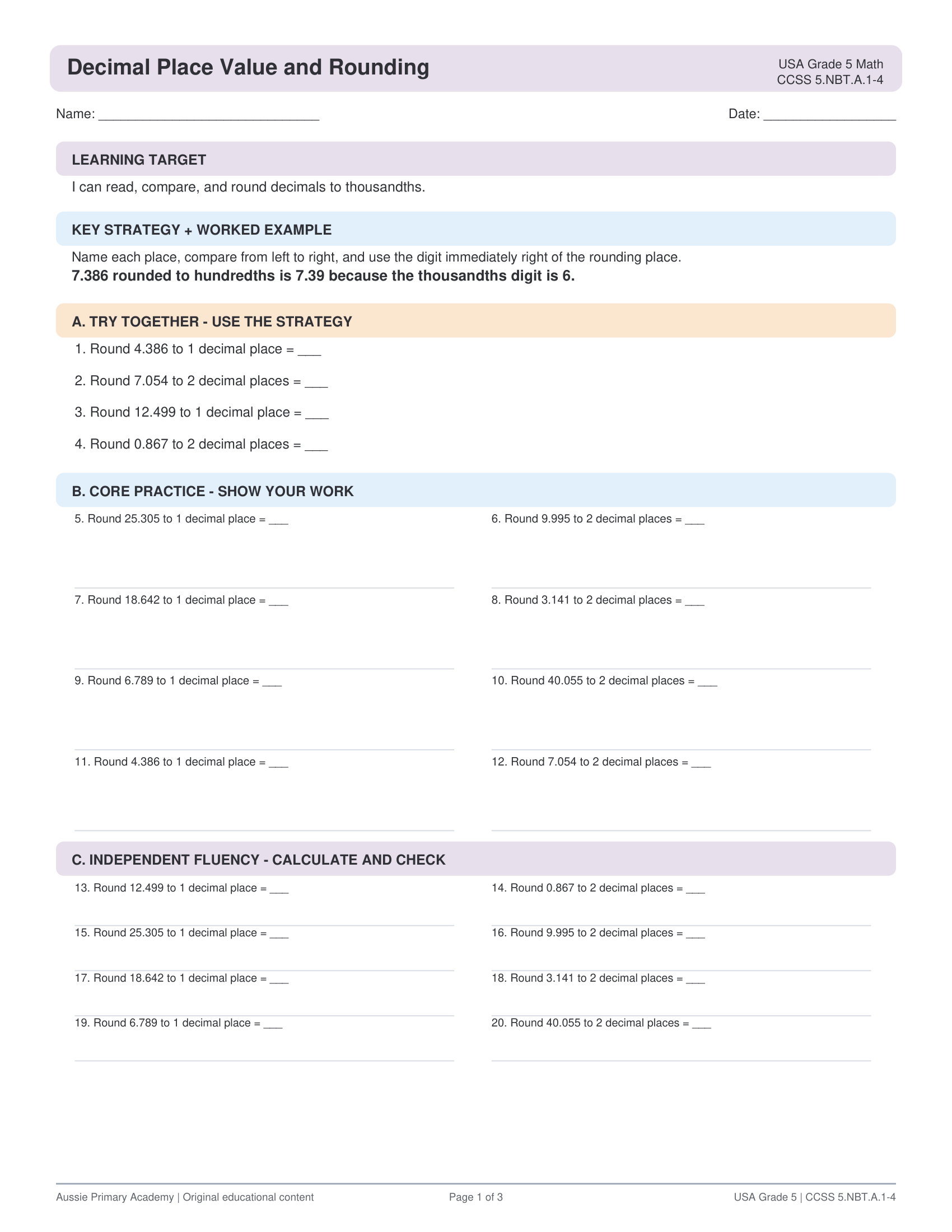 Grade 5 Math Decimal Place Value Rounding worksheet preview