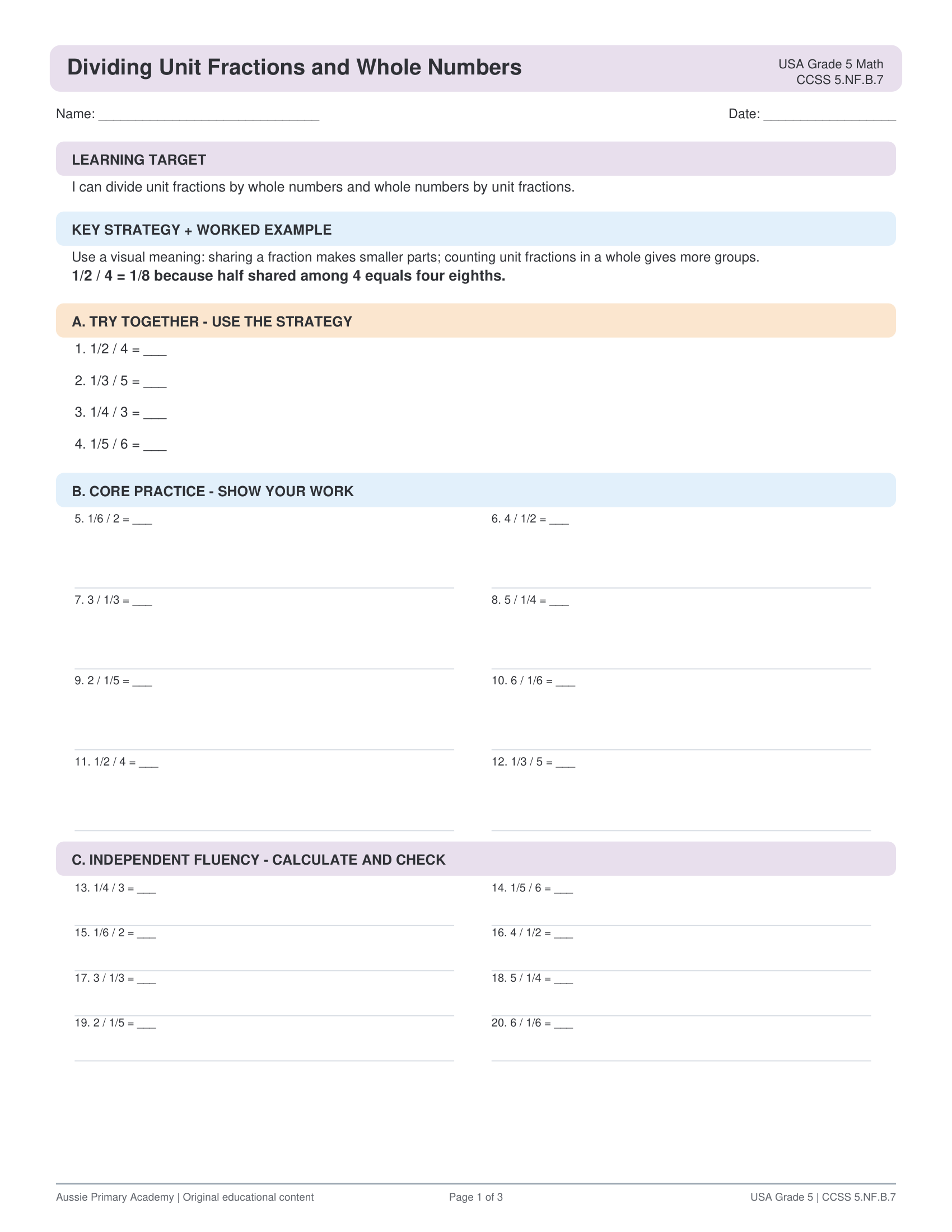 Dividing Unit Fractions Whole Numbers worksheet preview