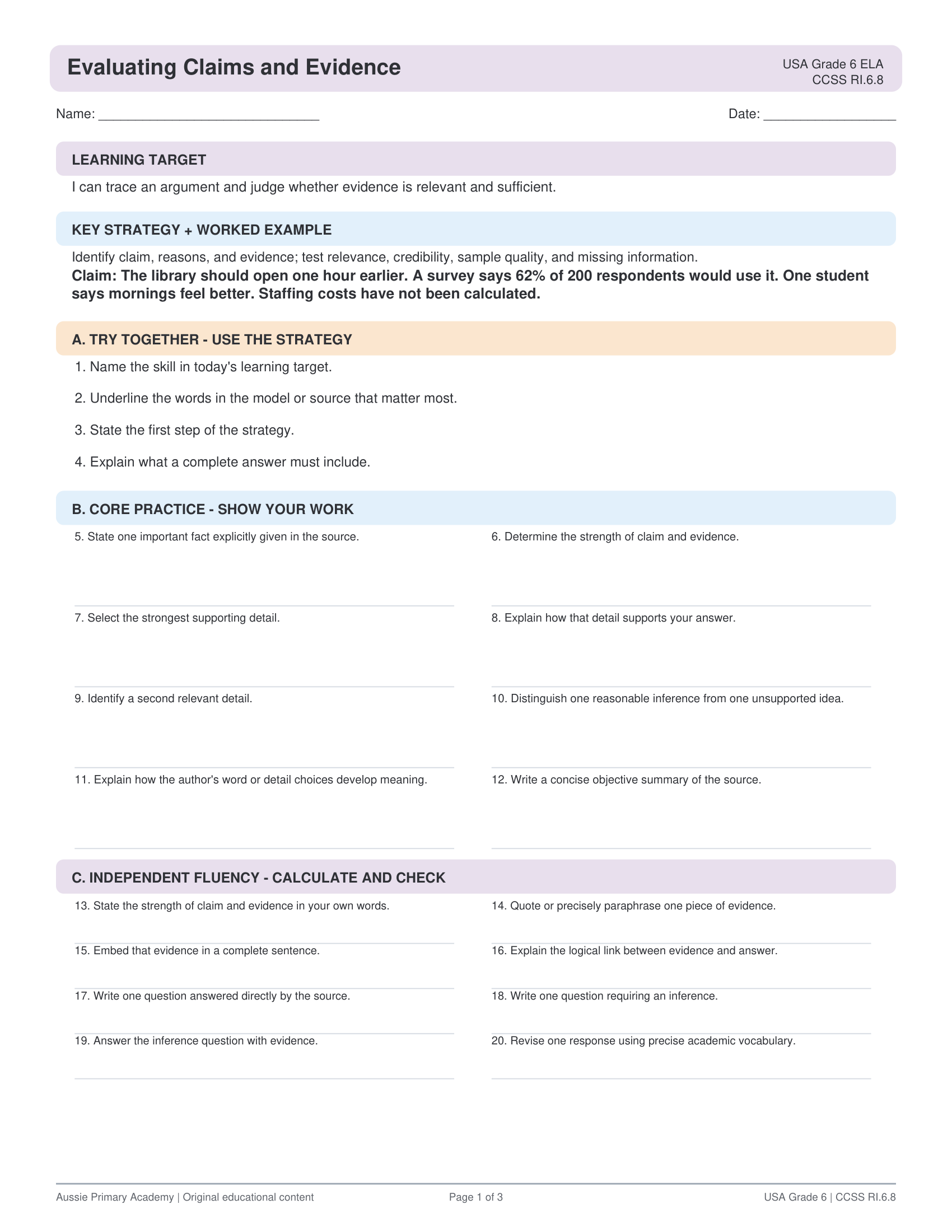 Evaluating Claims Evidence worksheet preview