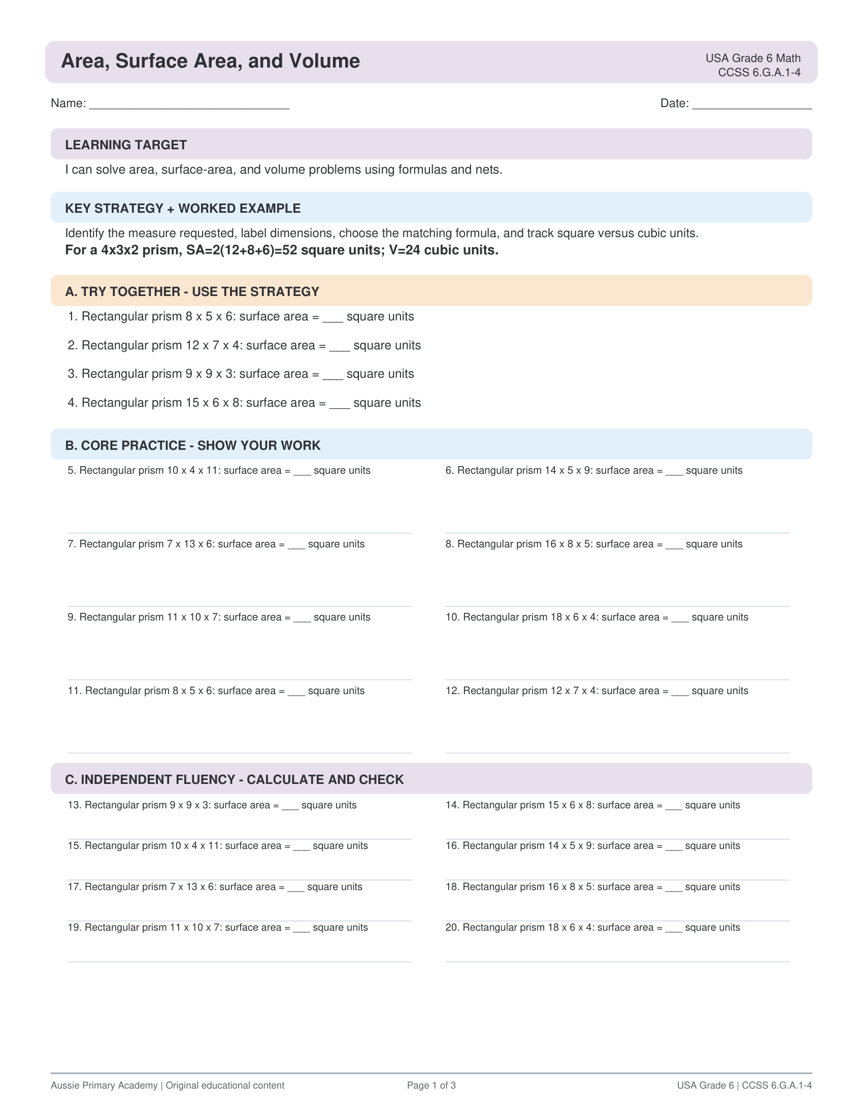 Area Surface Area Volume worksheet preview