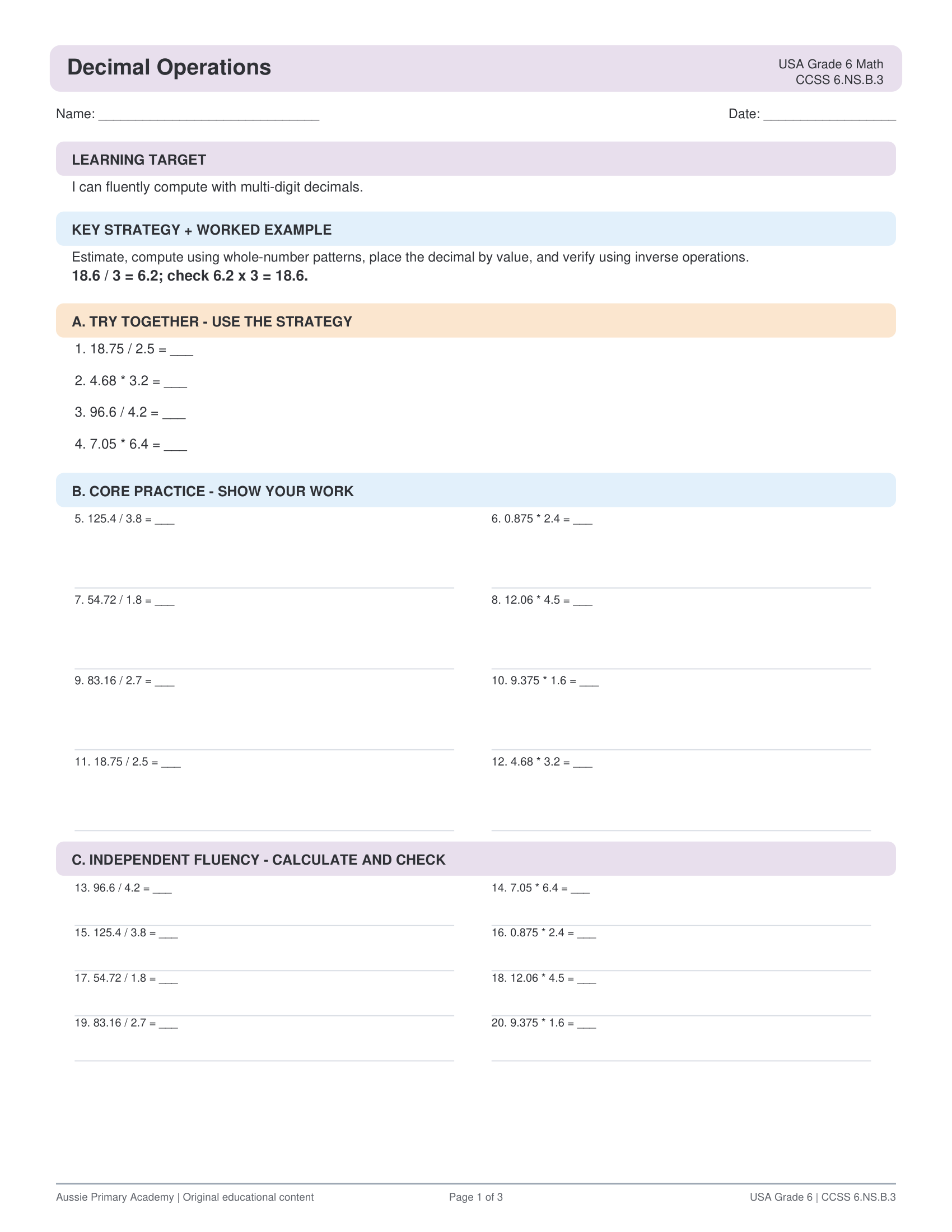 Decimal Multiplication Division worksheet preview