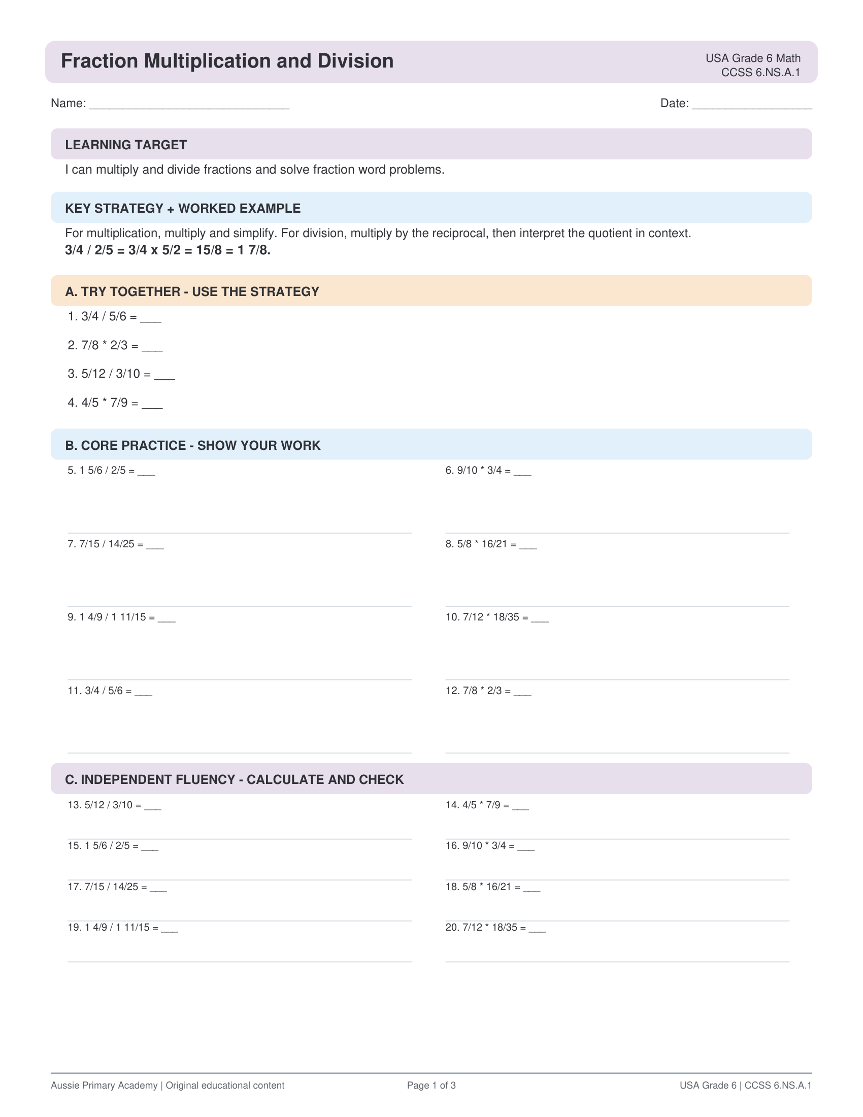 Fraction Multiplication Division worksheet preview