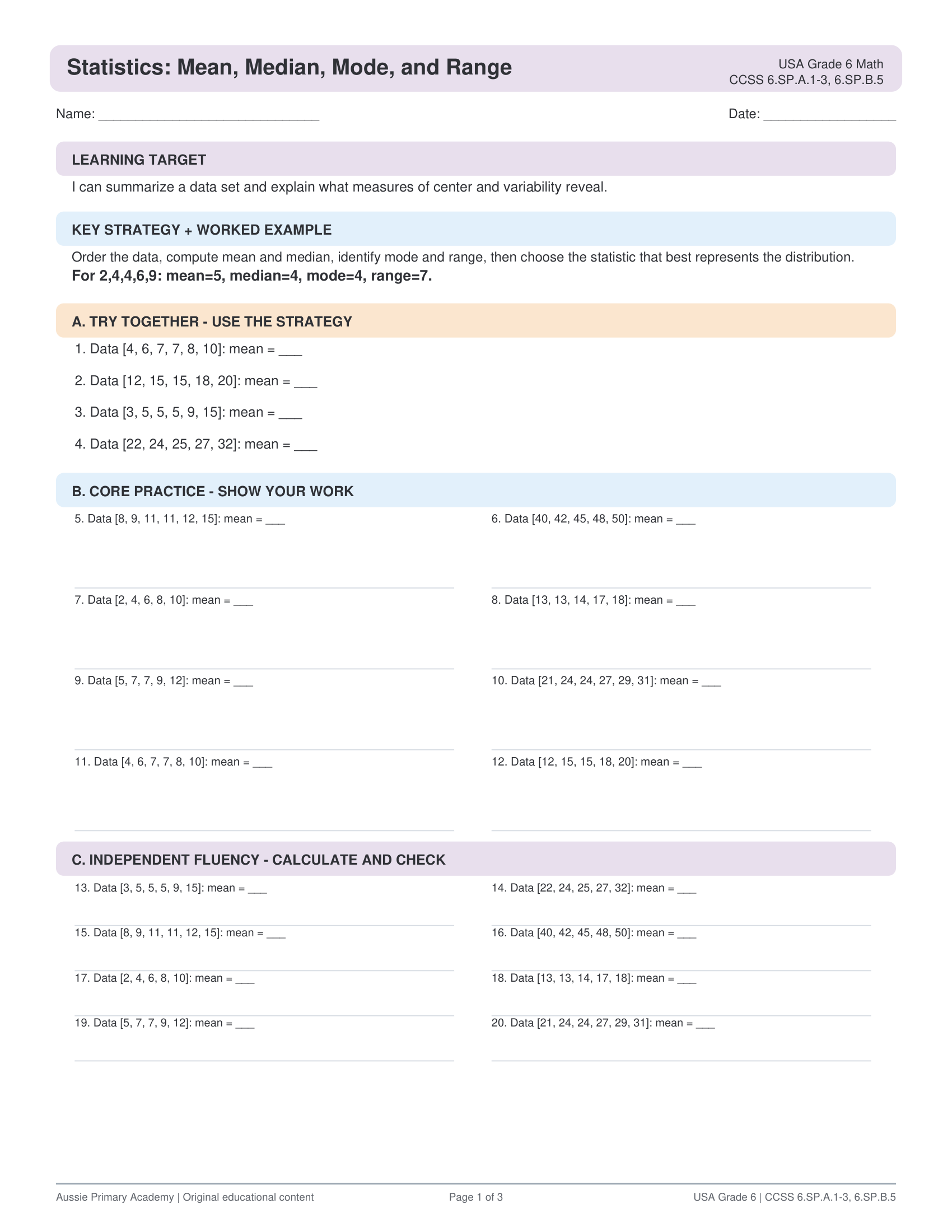 Mean Median Mode Range Statistics worksheet preview