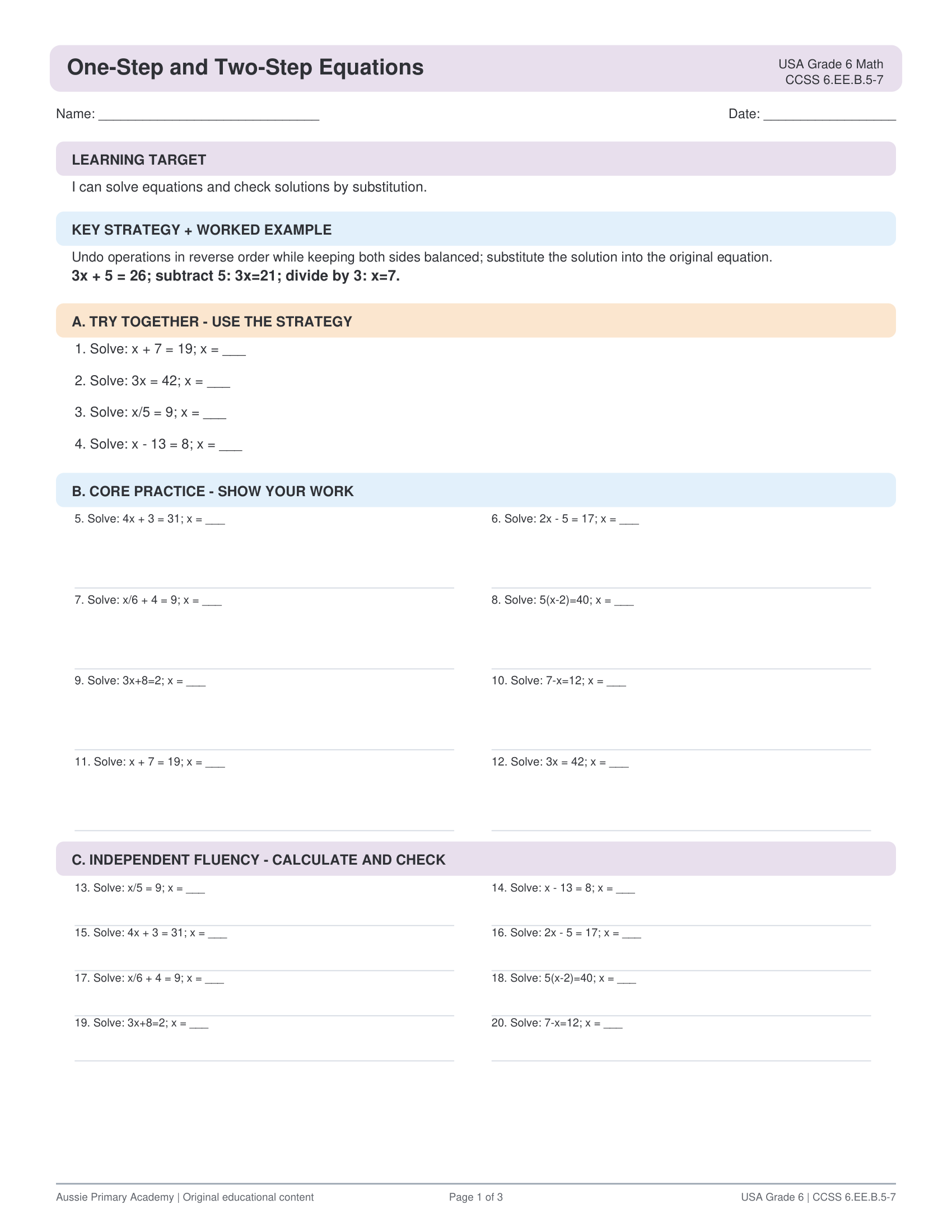 One Step Two Step Equations worksheet preview