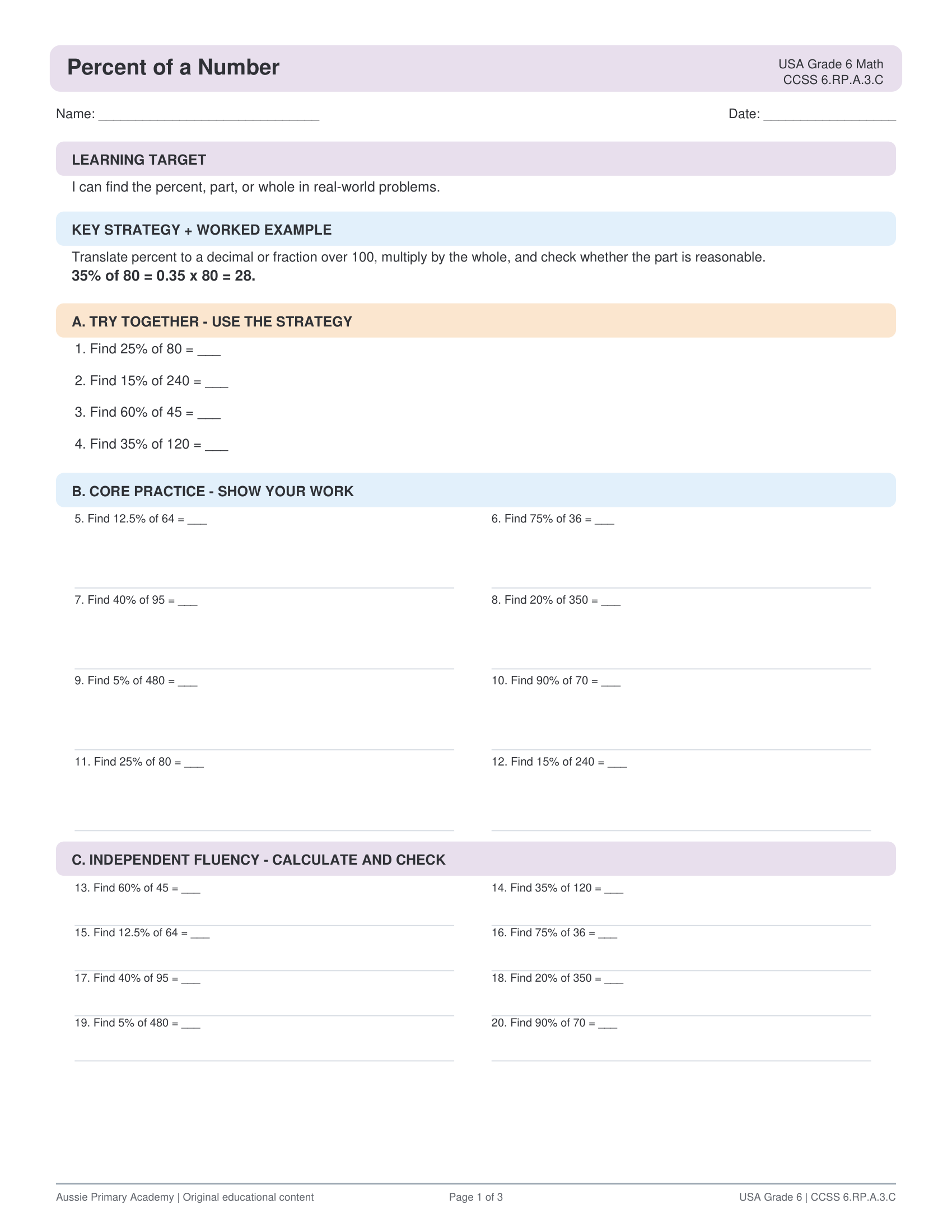 Percent Of A Number worksheet preview