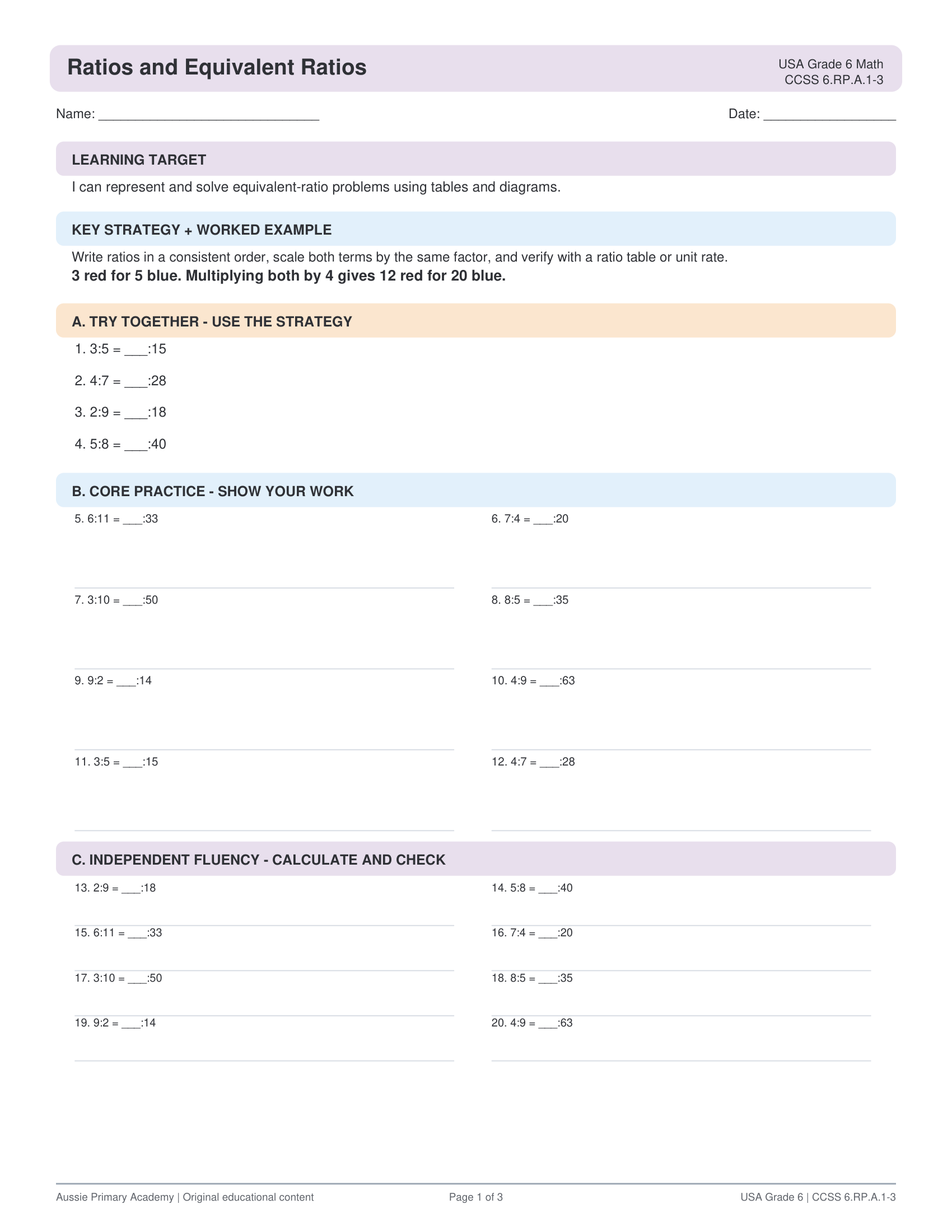Ratios Equivalent Ratios worksheet preview