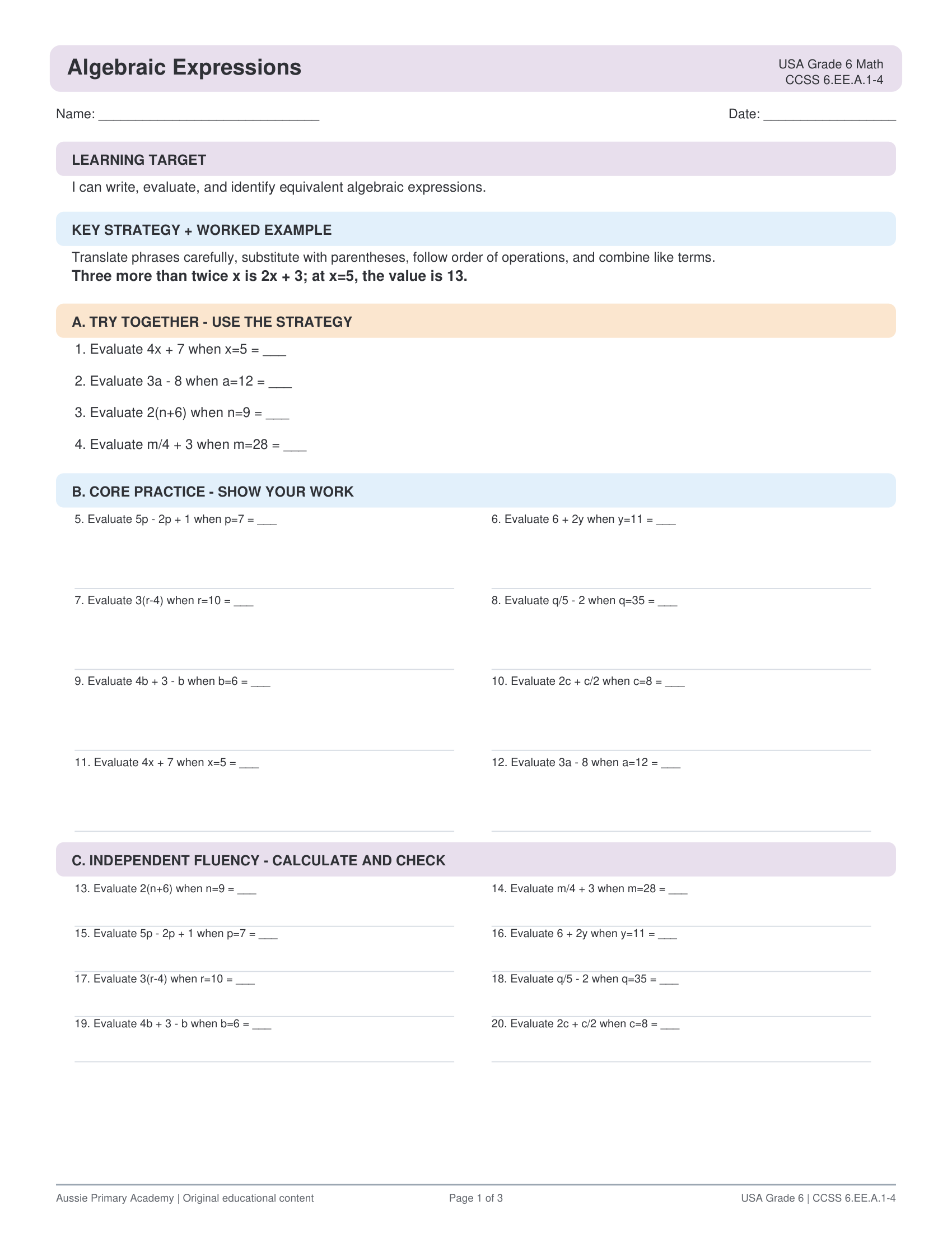 Writing Evaluating Algebraic Expressions worksheet preview