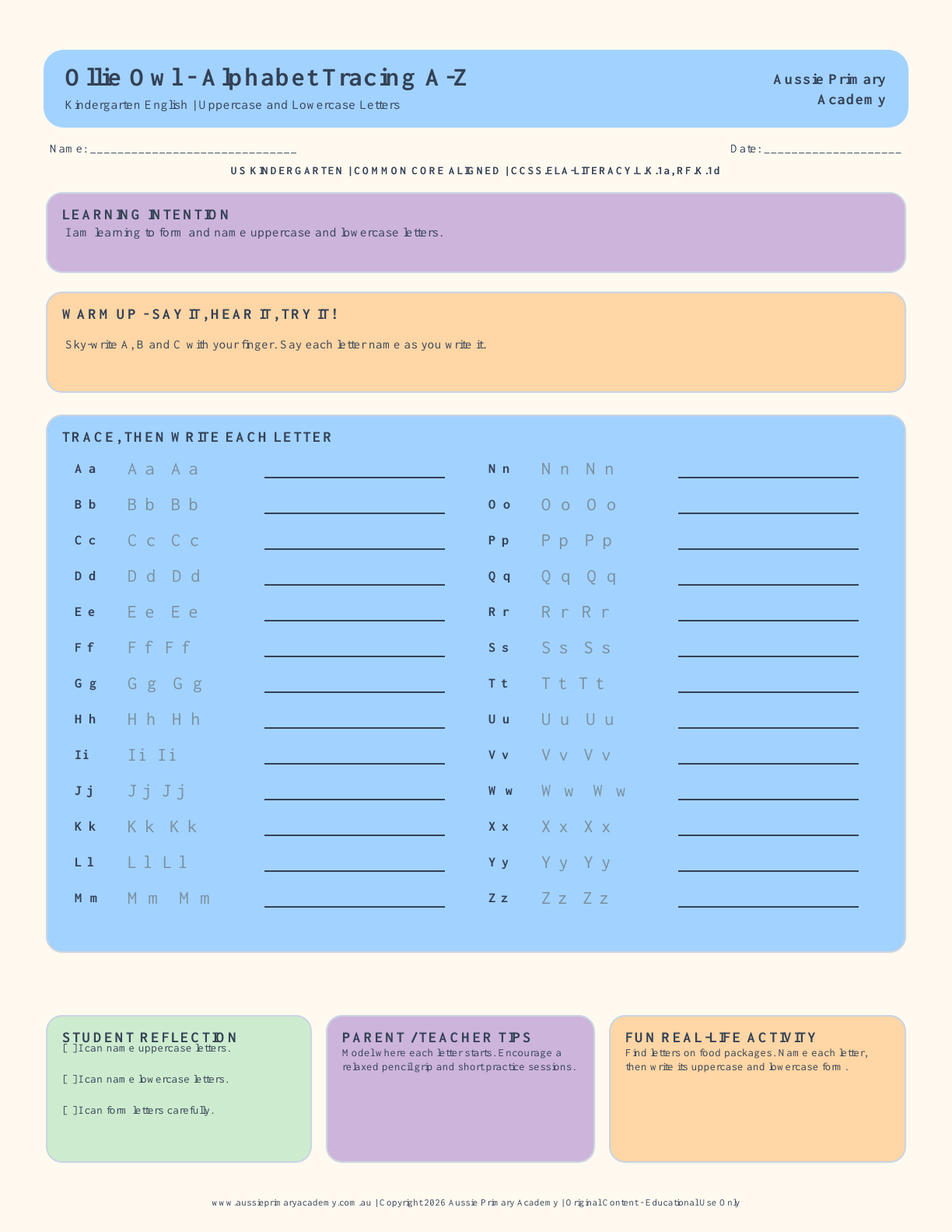 Kindergarten Alphabet Tracing A-Z Worksheet preview