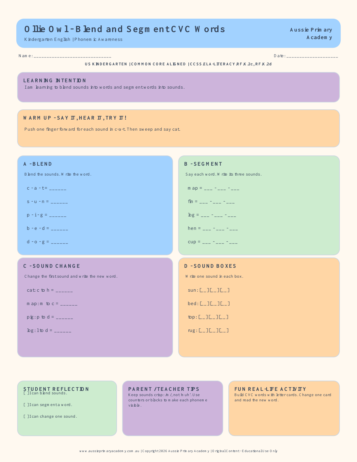 CVC Blending and Segmenting Worksheet for Kindergarten preview