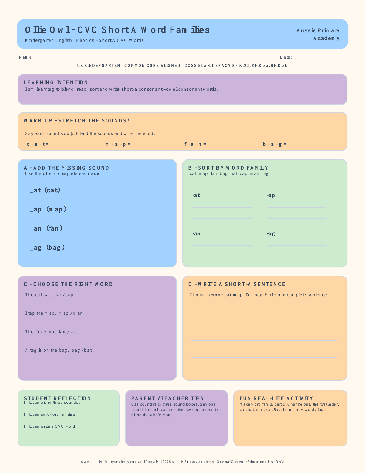Short A CVC Words Worksheet for Kindergarten preview