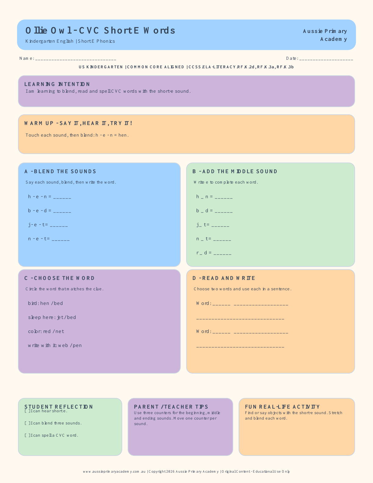Kindergarten Ela Short E Cvc Words worksheet preview