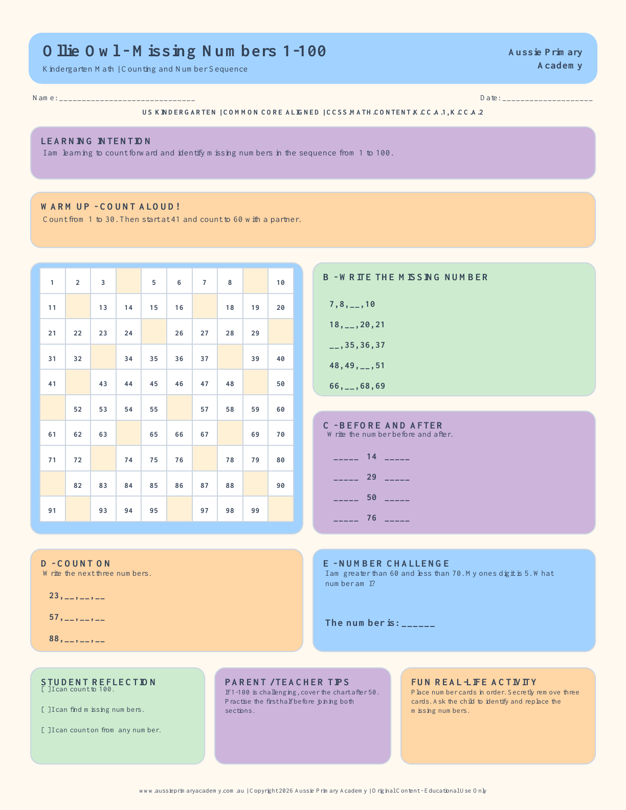 Kindergarten Math Missing Numbers 1 100 worksheet preview