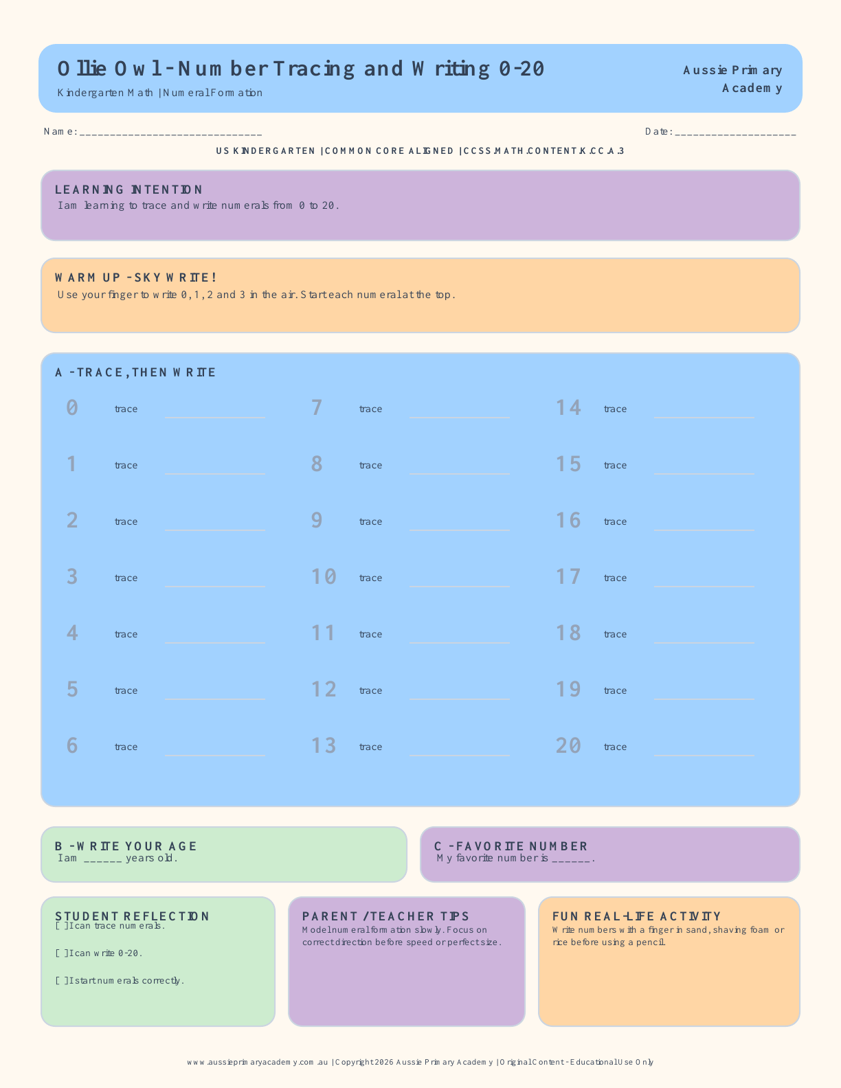 Kindergarten Math Number Tracing Writing 0 20 worksheet preview