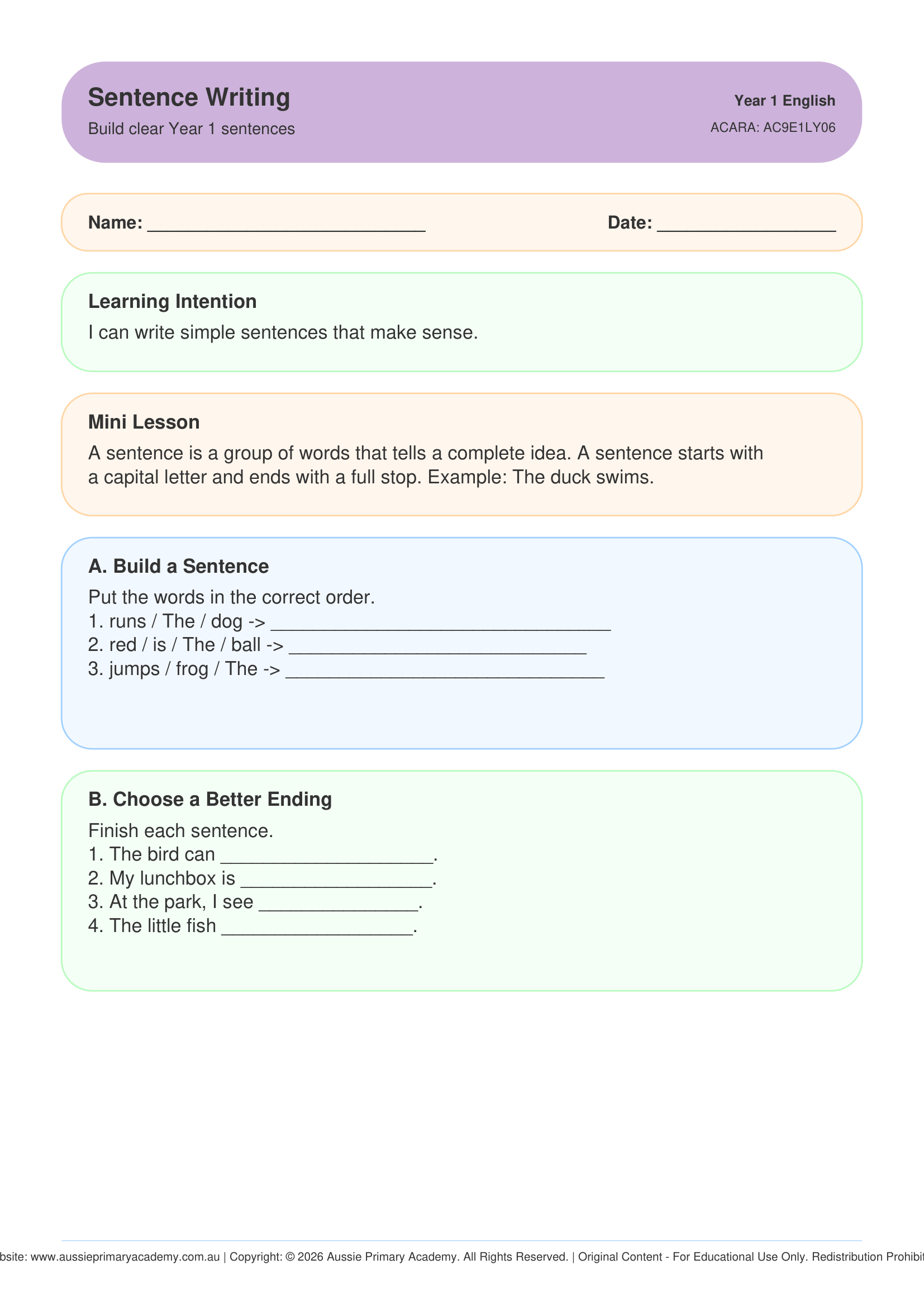 Sentence Writing worksheet preview