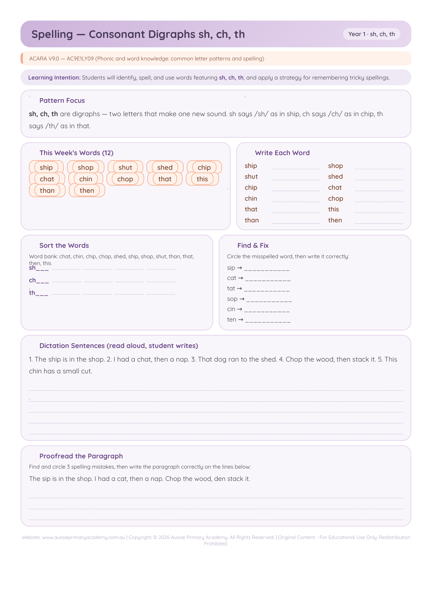 Year 1 Consonant Digraphs sh ch th Preview