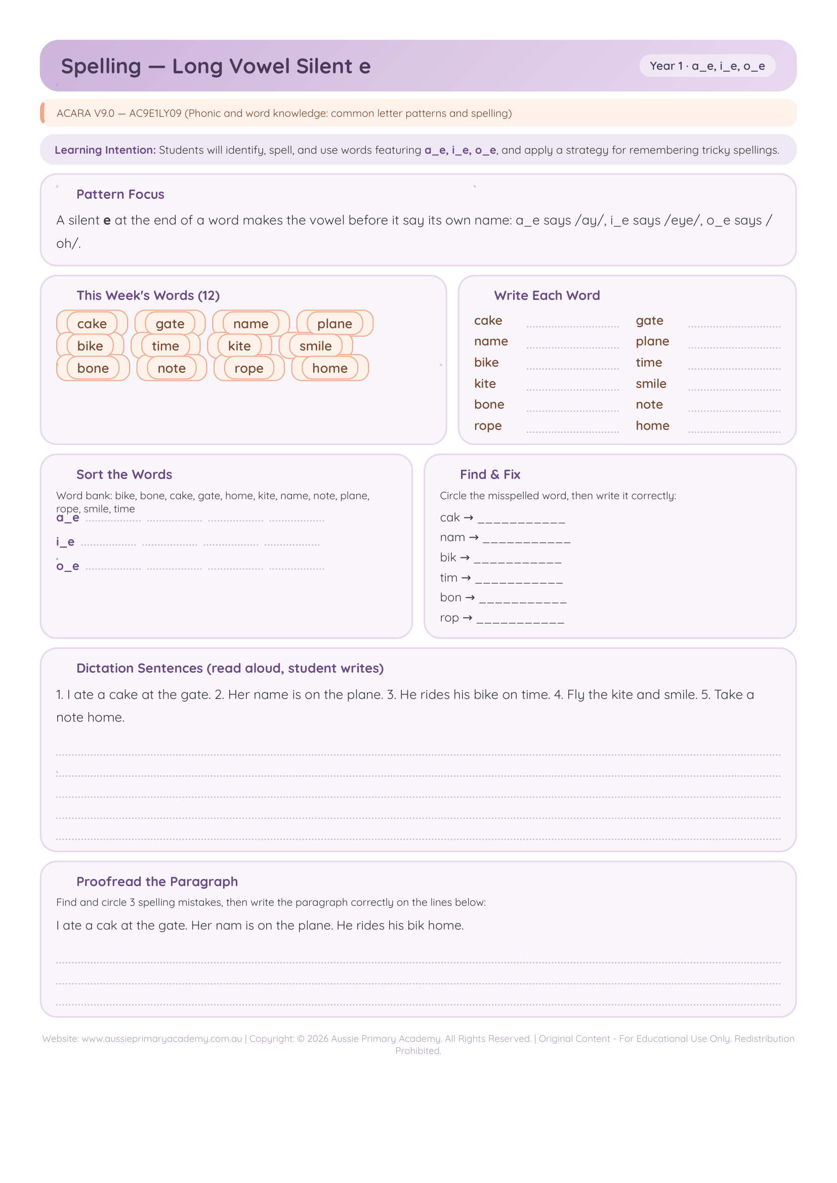 Year 1 Long Vowel Silent E Preview