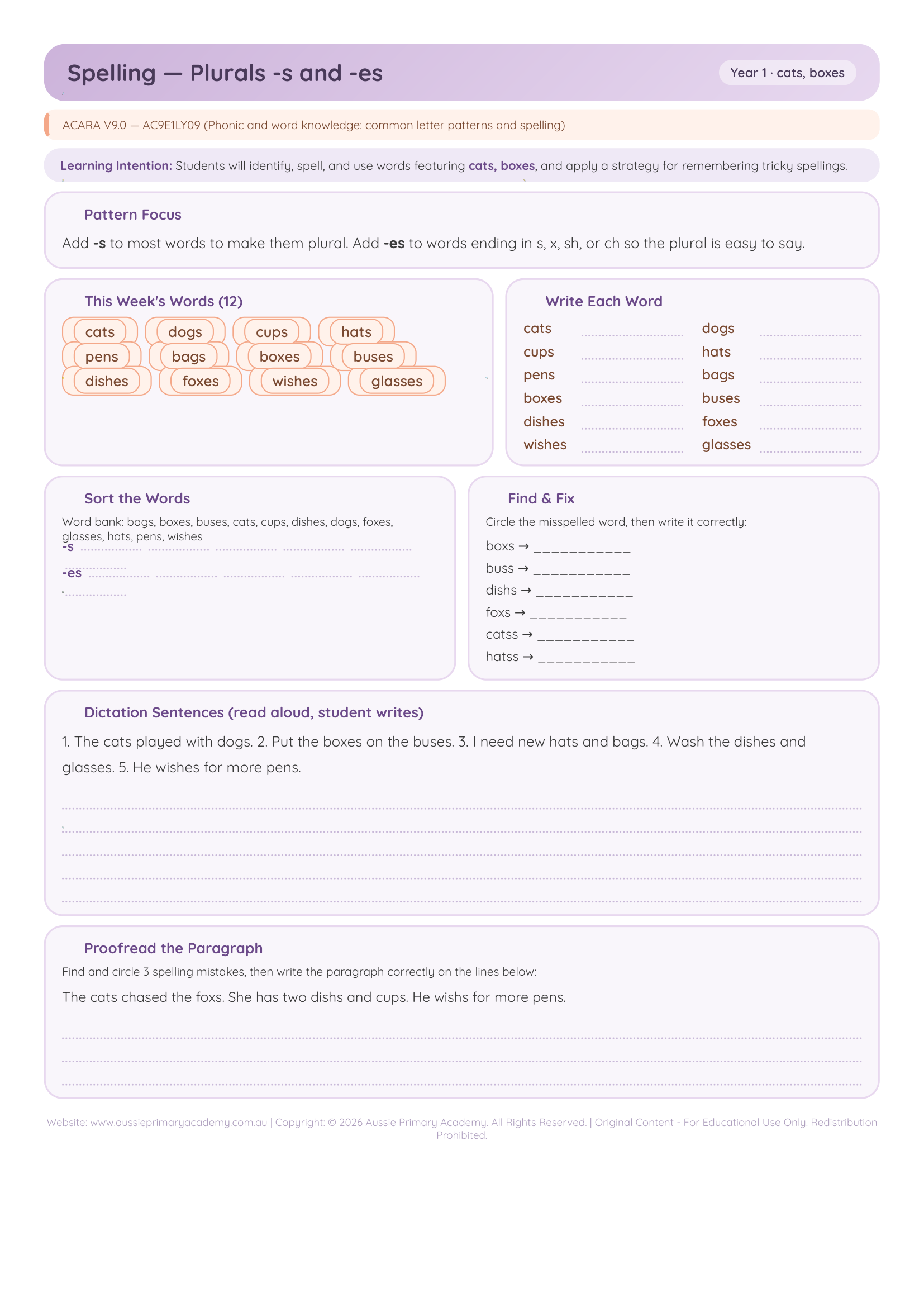 Spelling Plurals S Es worksheet preview