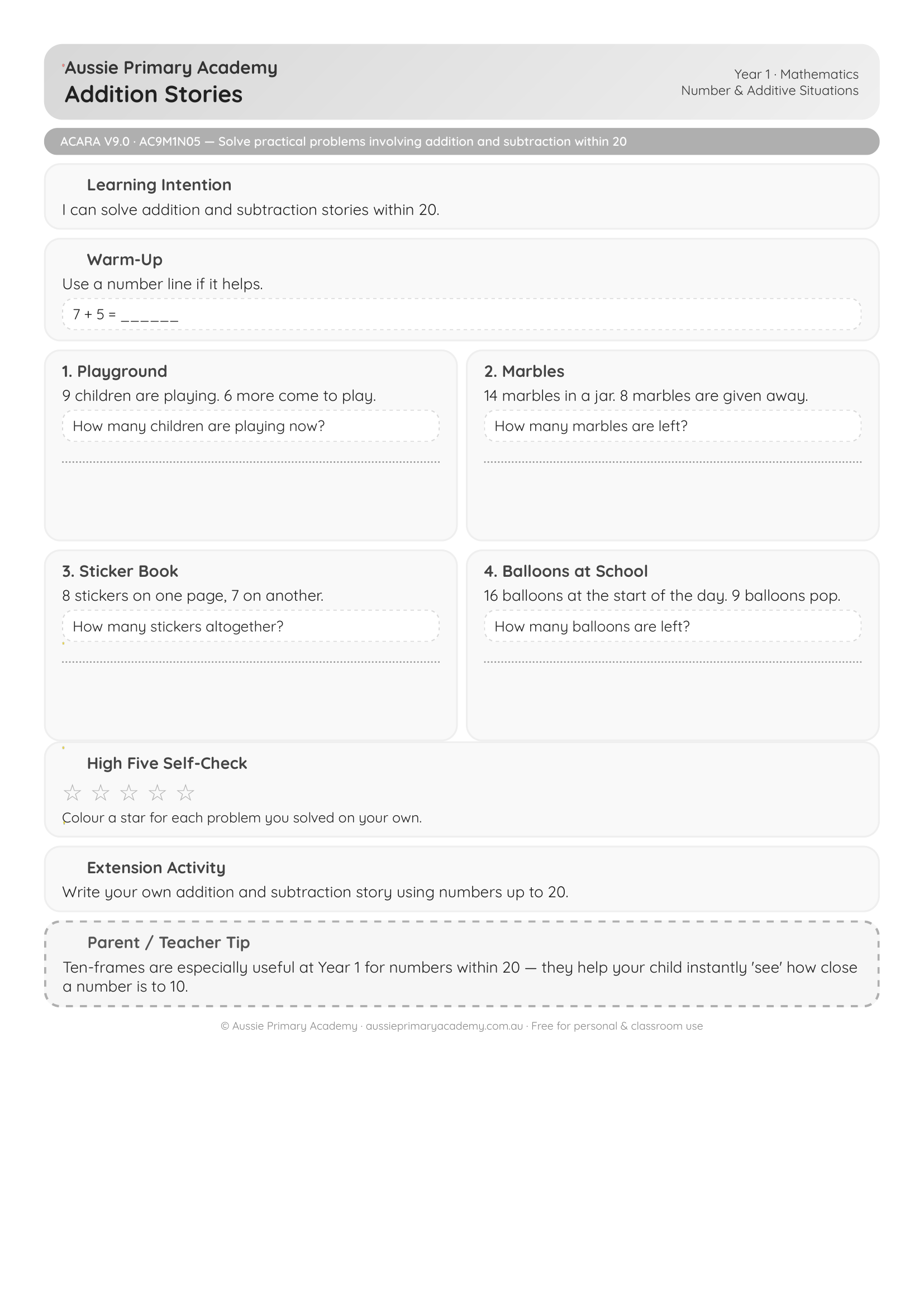Addition Stories Word Problems worksheet preview