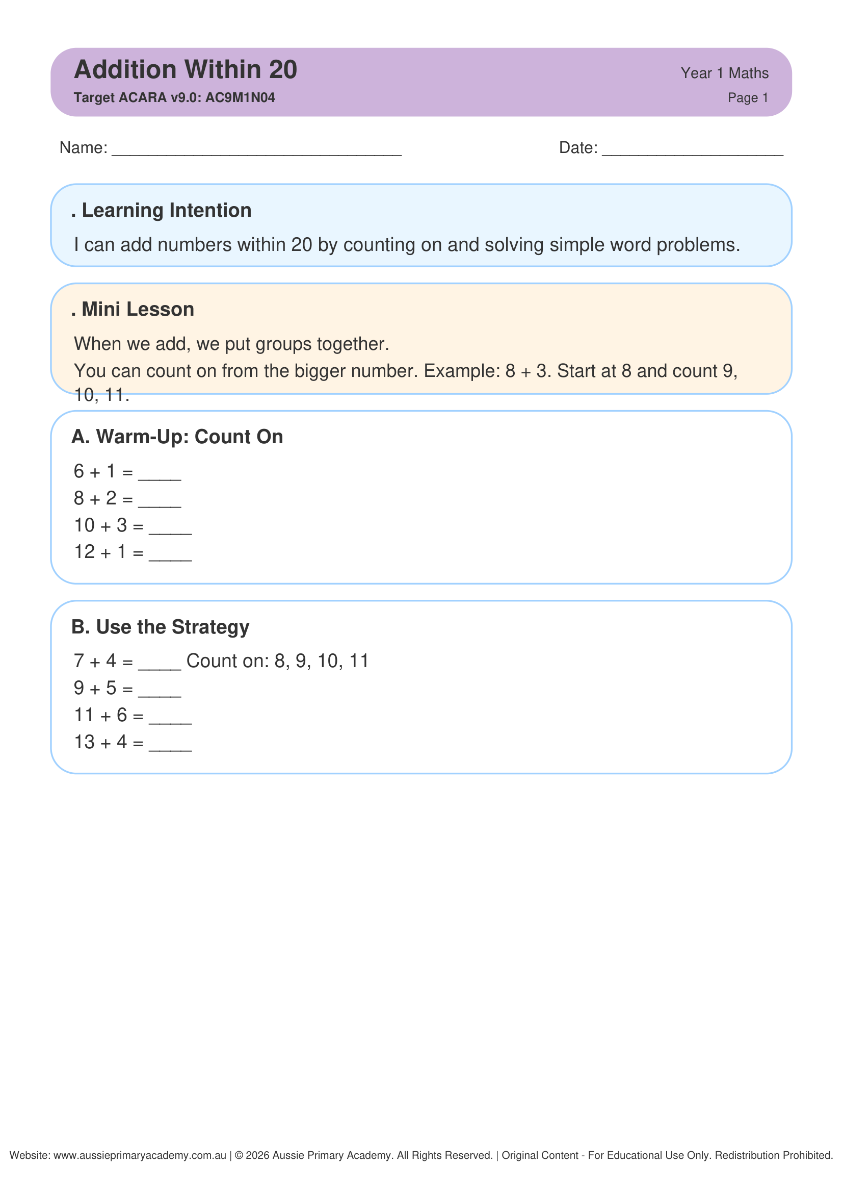 Addition Within 20 worksheet preview