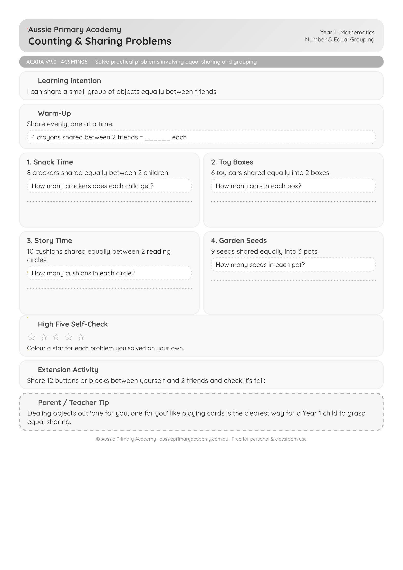 Year 1 Maths Counting and Sharing Word Problems worksheet preview