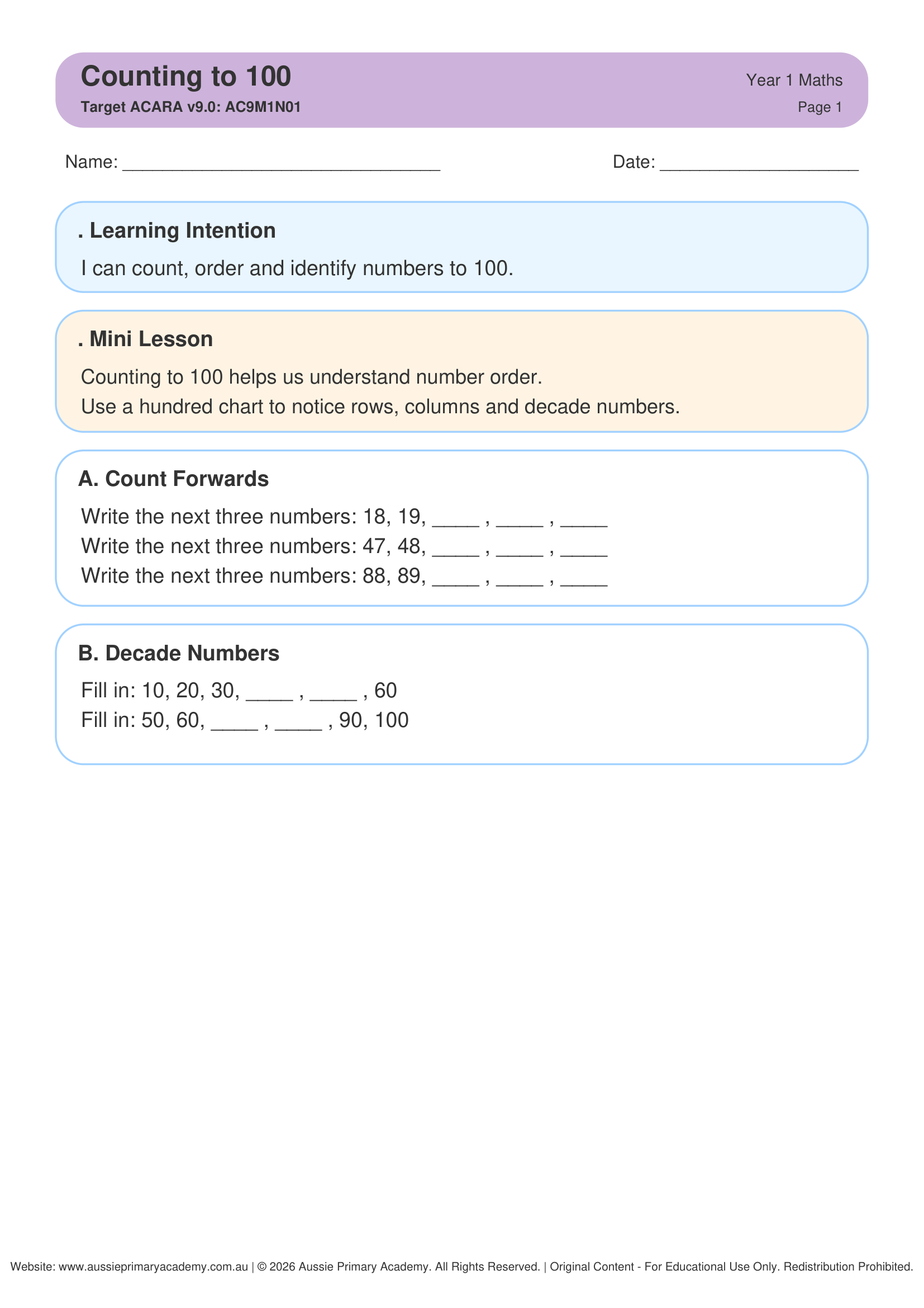 Counting To 100 worksheet preview