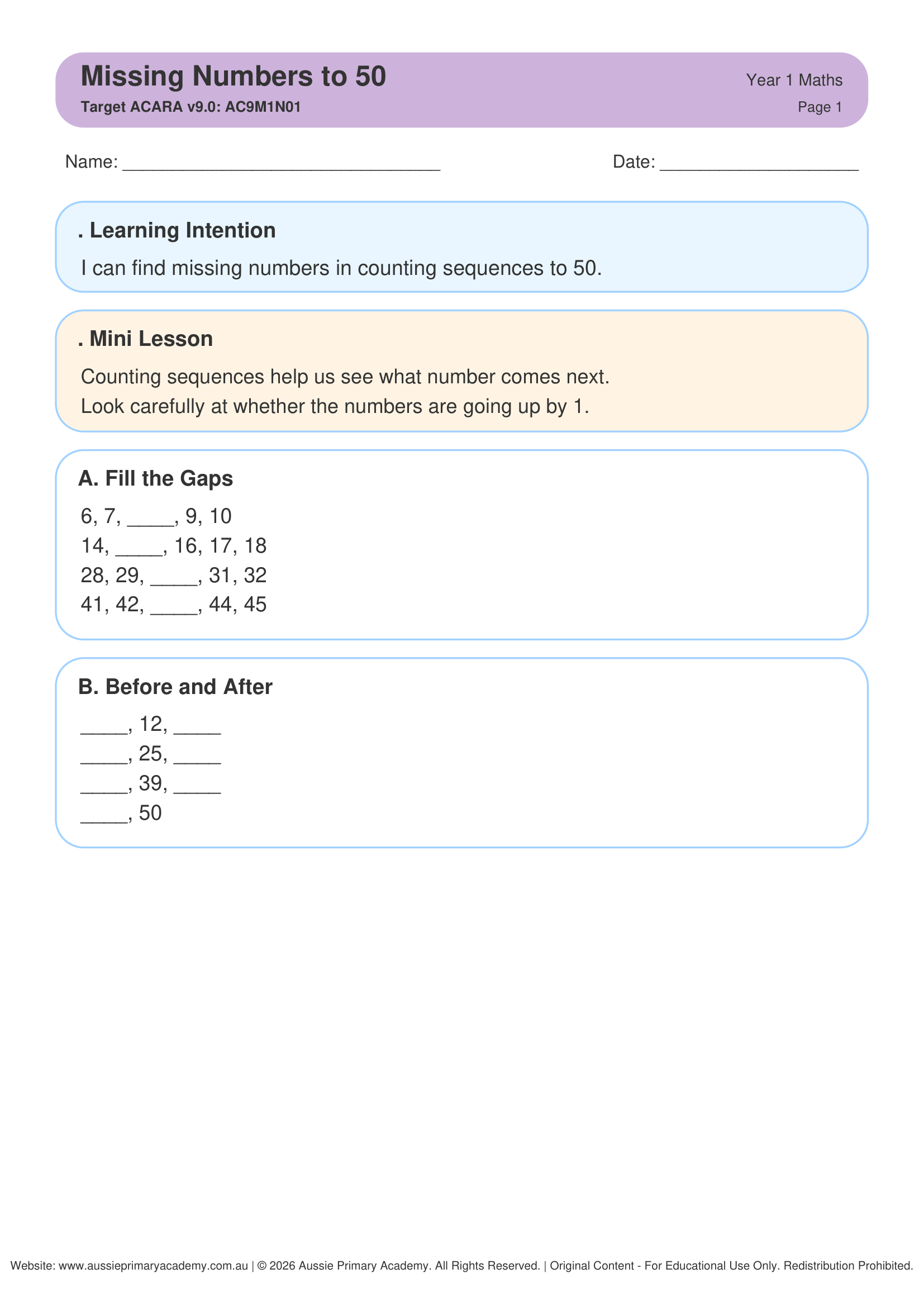 Missing Numbers To 50 worksheet preview