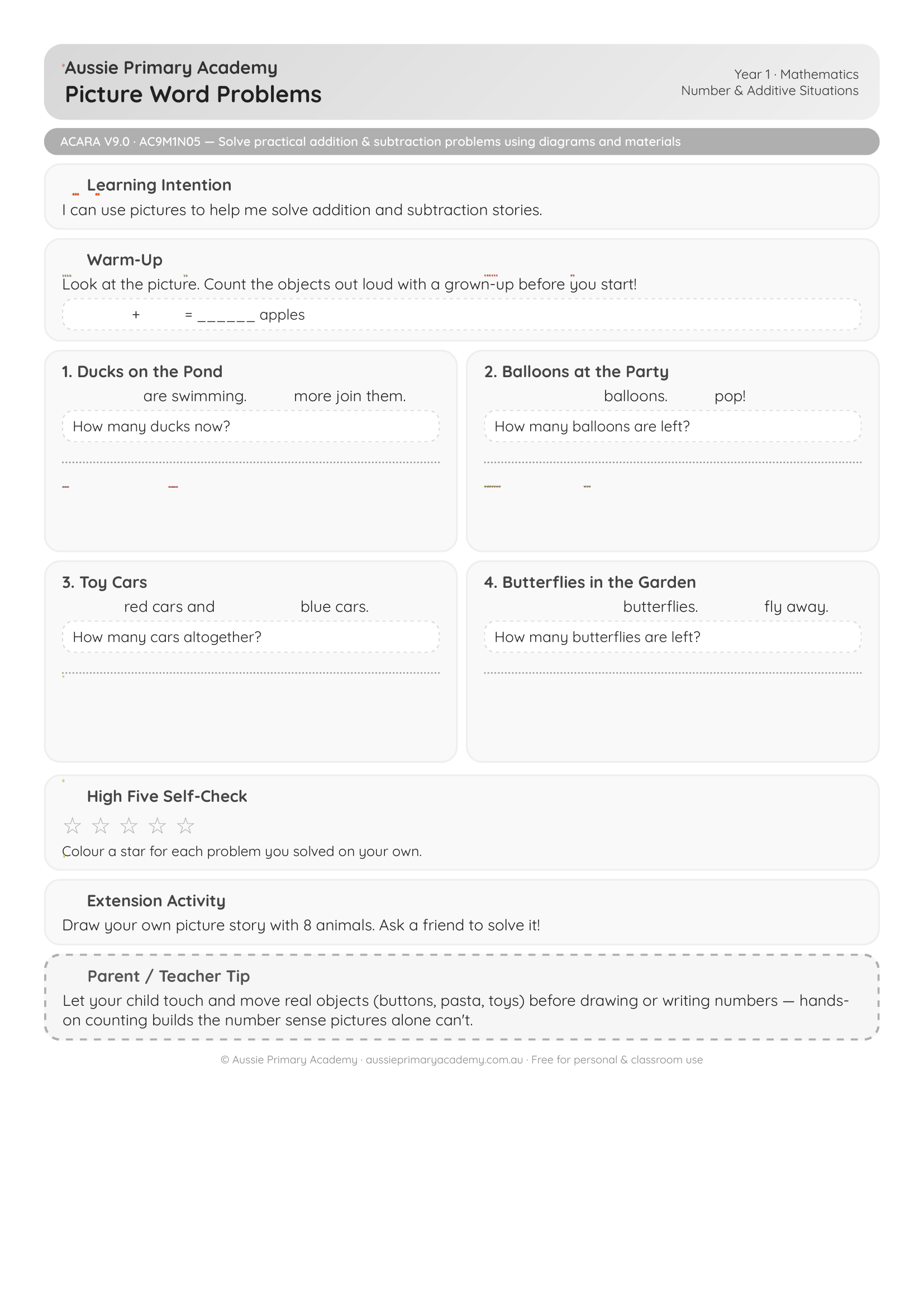 Year 1 Maths Picture Word Problems worksheet preview