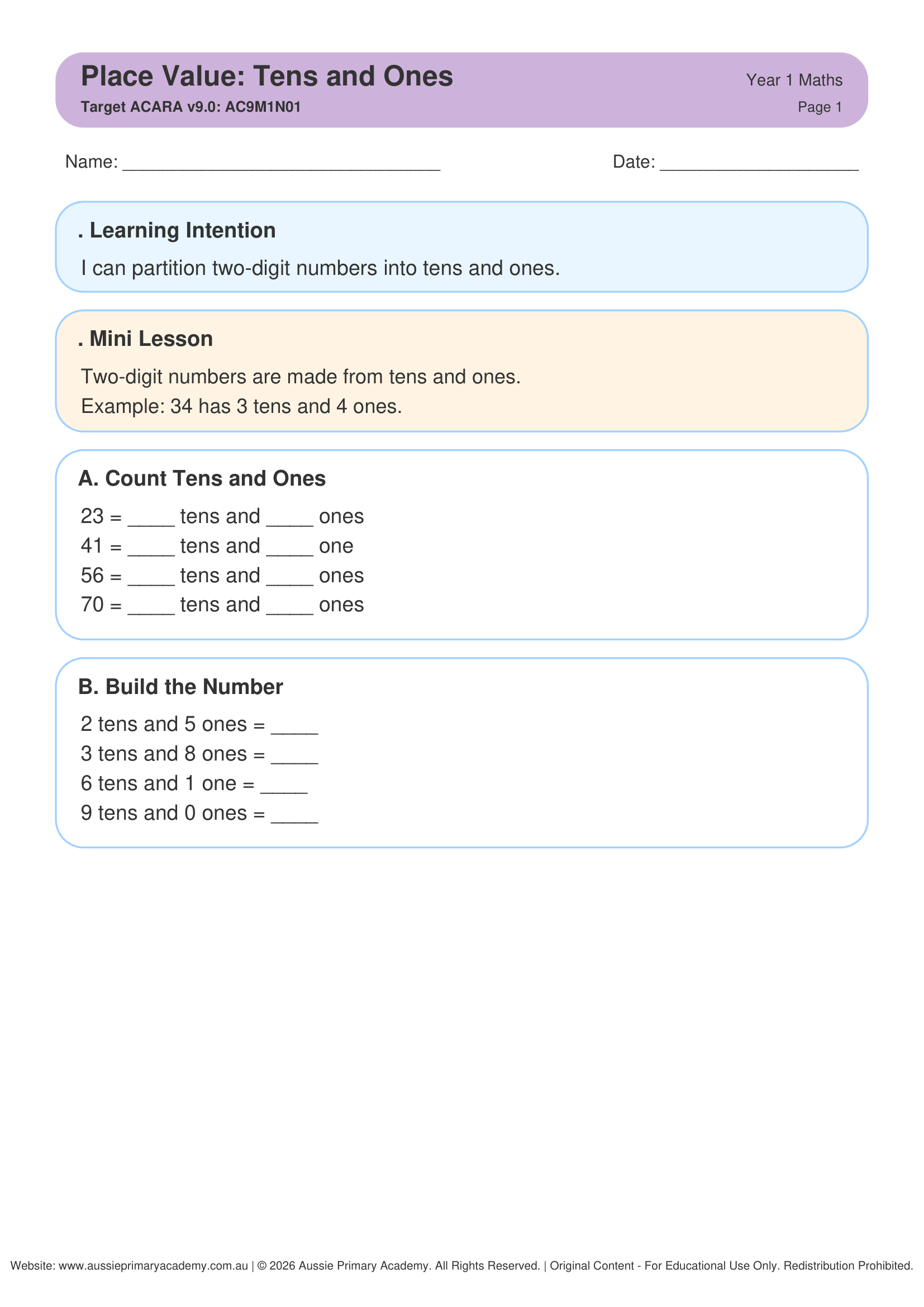 Year 1 Place Value Tens and Ones worksheet preview