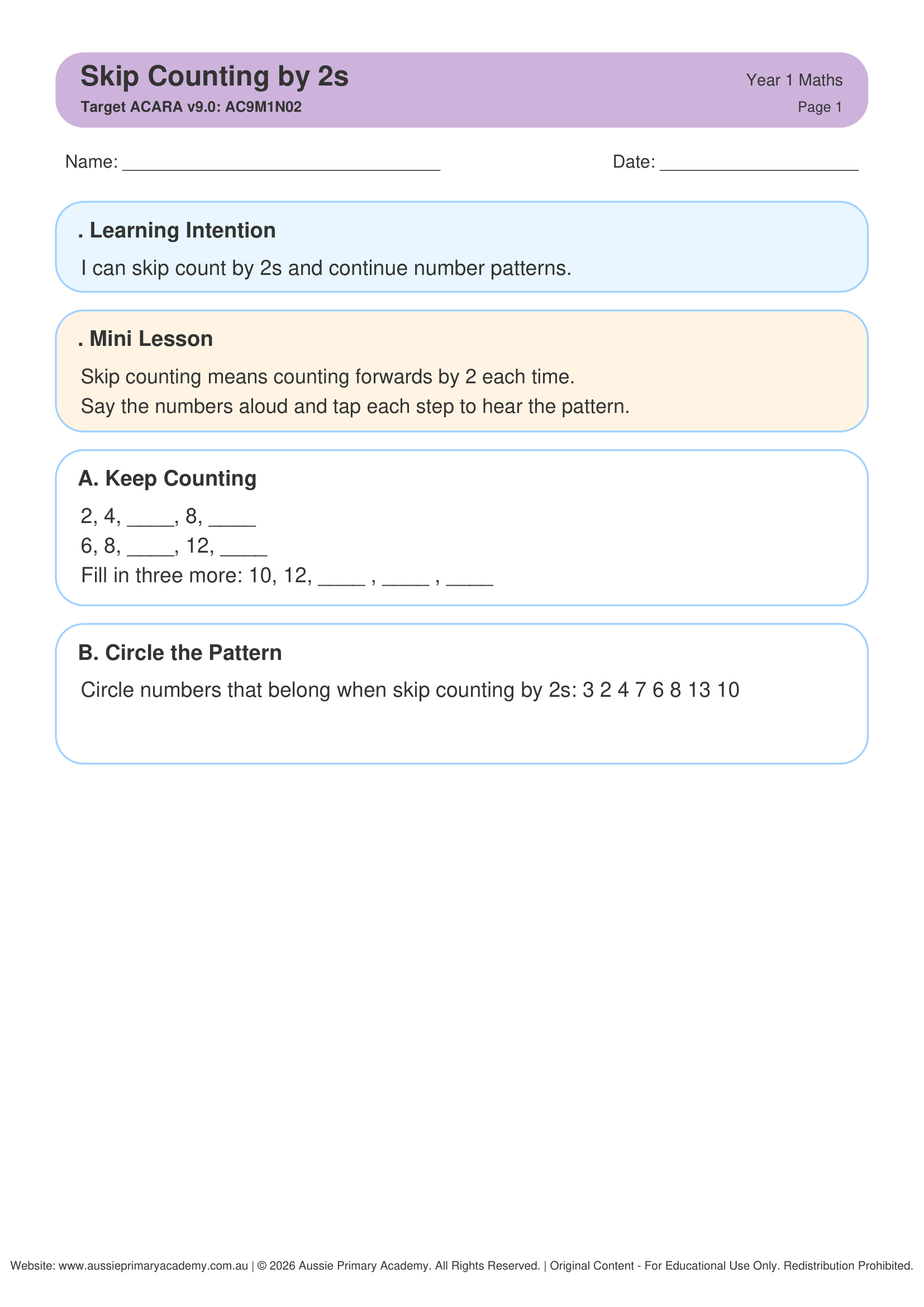 Year 1 Skip Counting by 2s worksheet preview