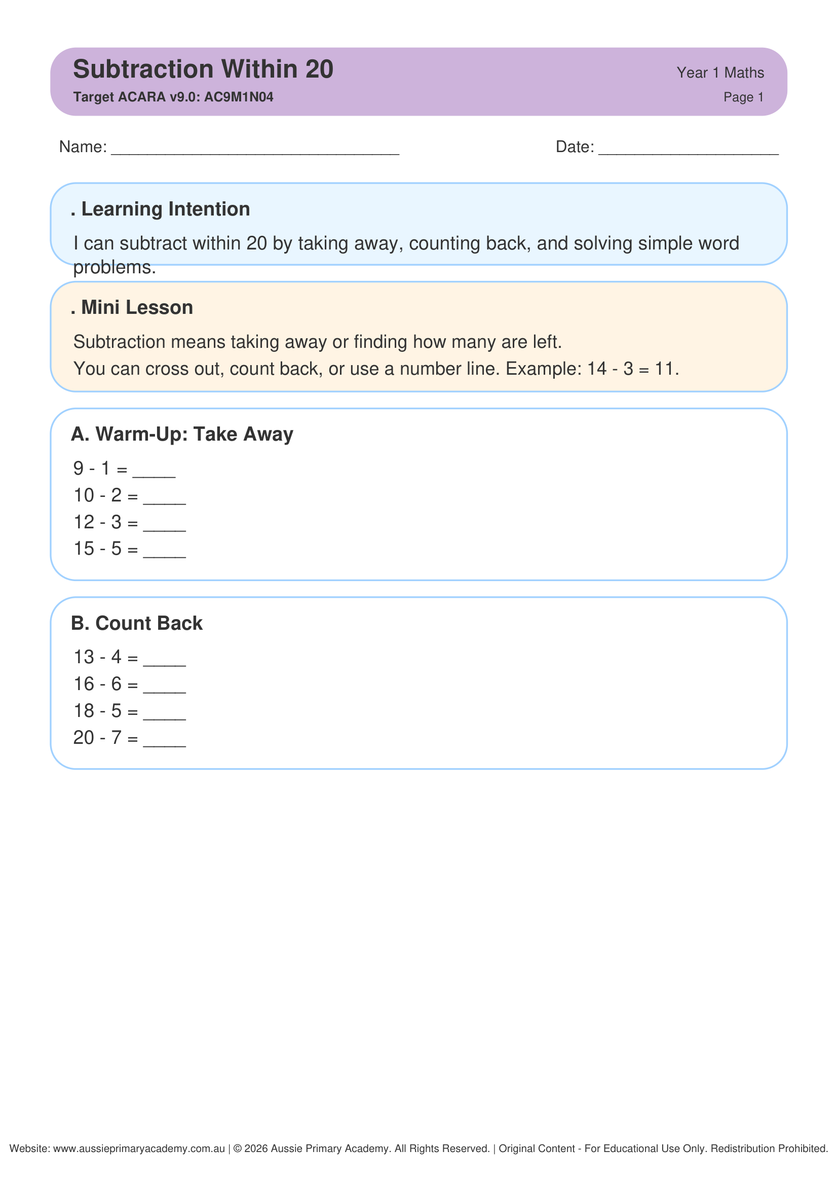 Subtraction Within 20 worksheet preview