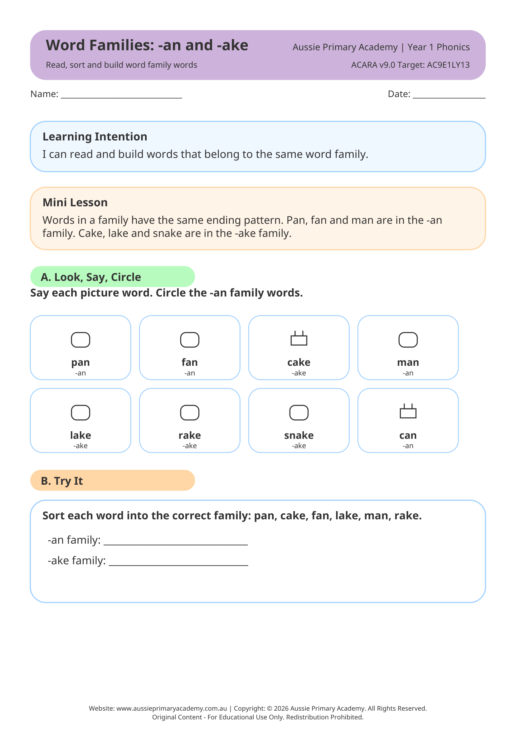 Phonics Word Families An Ake Ac9E1Ly13 Colour worksheet preview