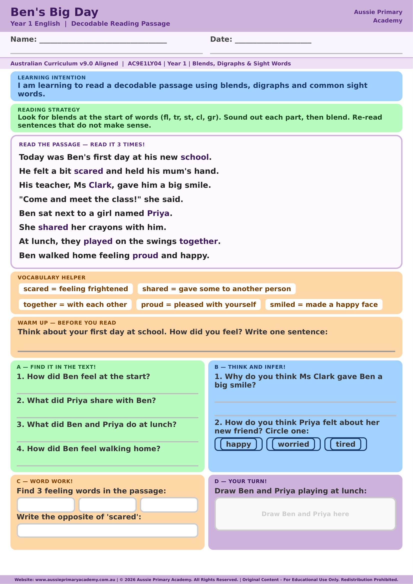 Decodable Reading Bens Big Day Ac9E1Ly04 Colour worksheet preview