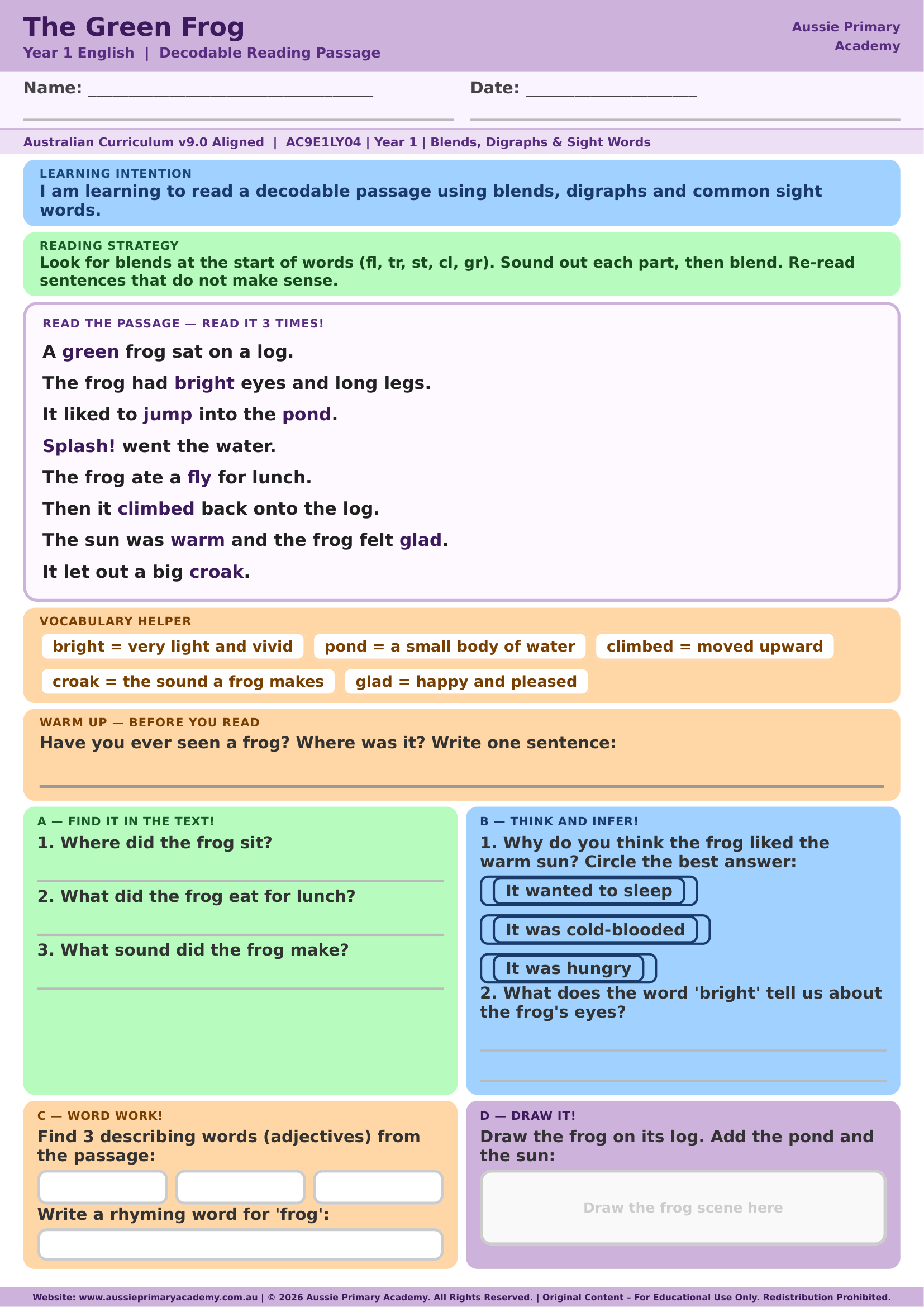 Decodable Reading The Green Frog Ac9E1Ly04 Colour worksheet preview