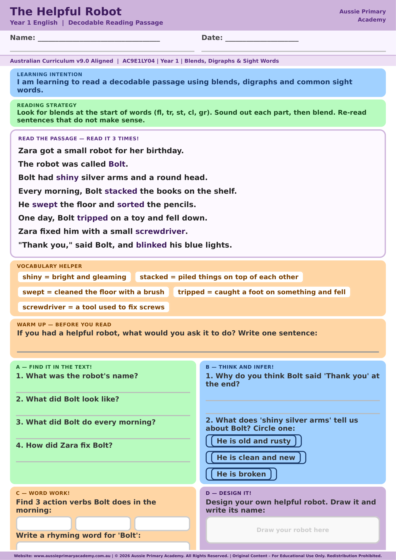Decodable Reading The Helpful Robot Ac9E1Ly04 Colour worksheet preview