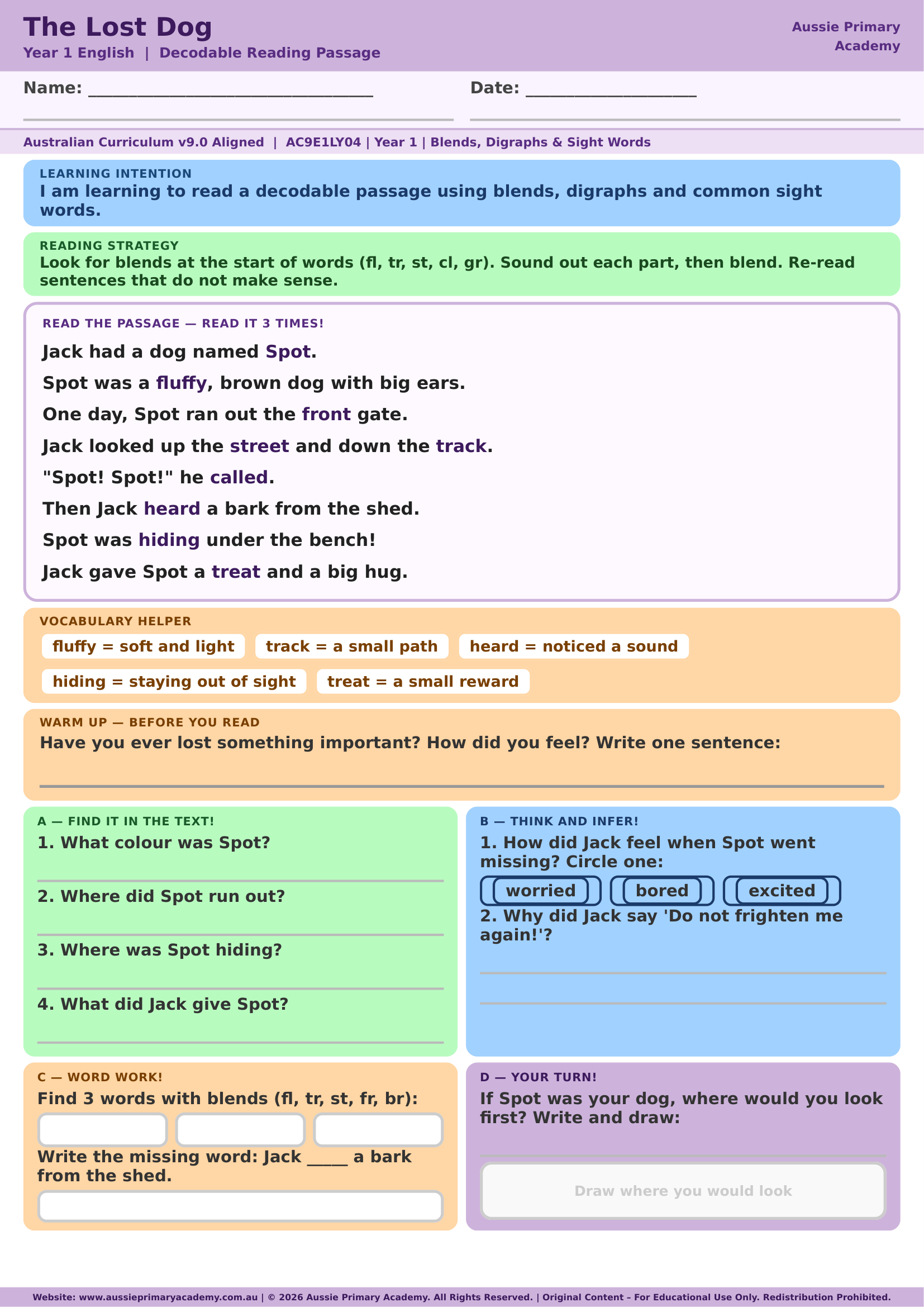 Decodable Reading The Lost Dog Ac9E1Ly04 Colour worksheet preview