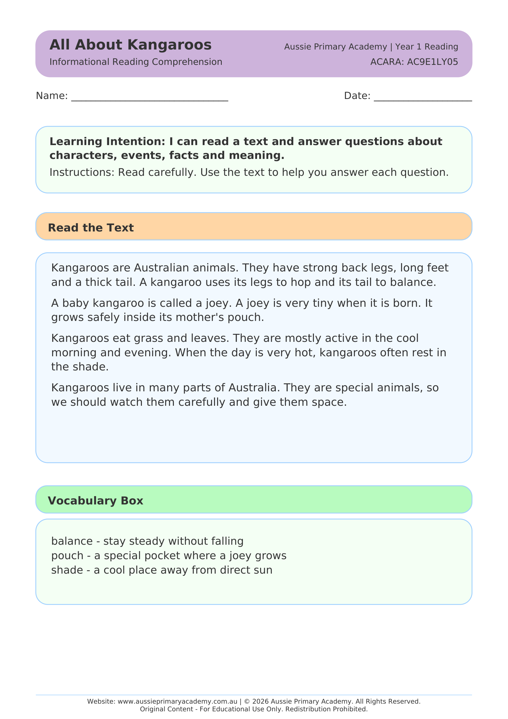 Year 1 All About Kangaroos reading comprehension worksheet preview