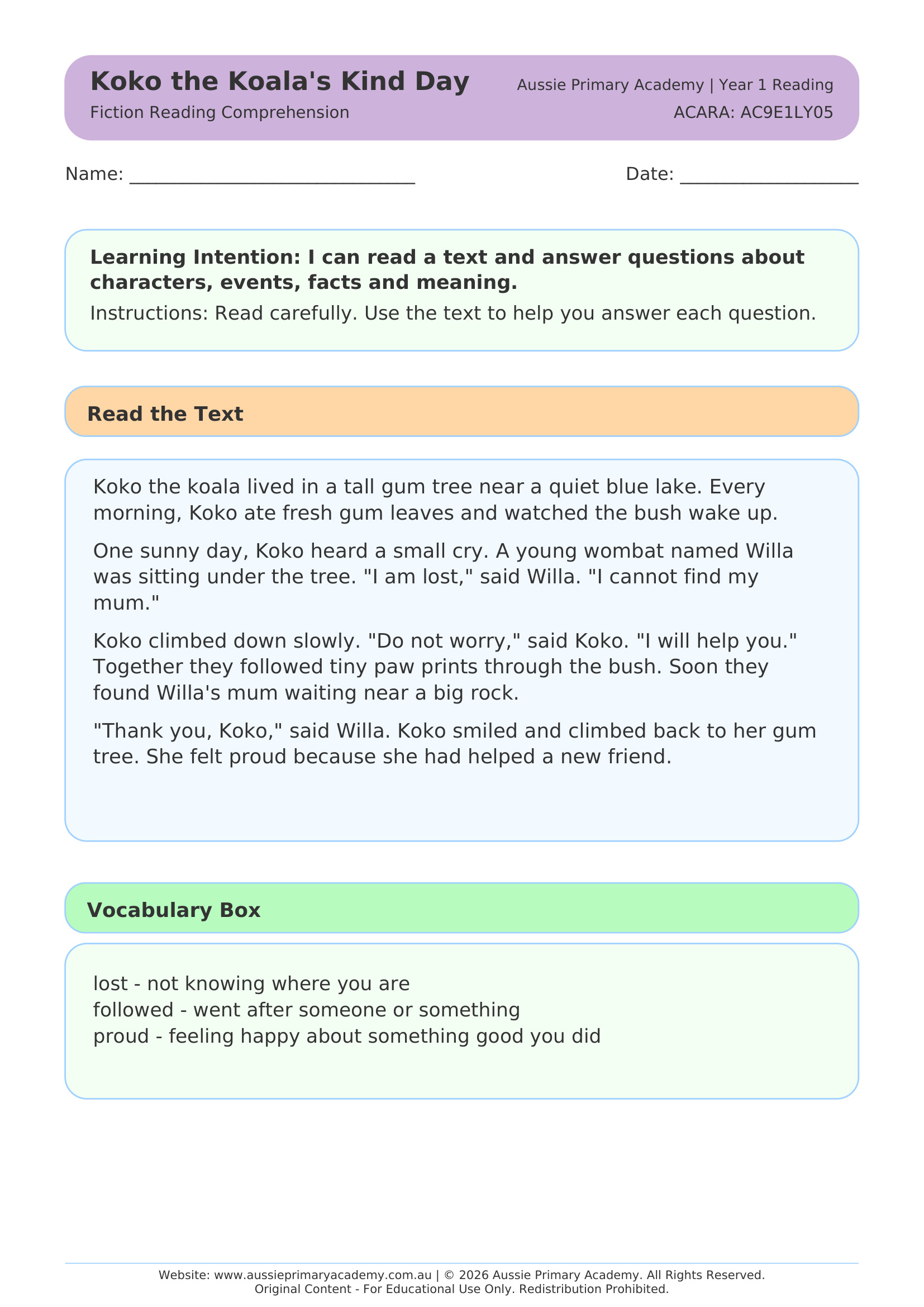 Year 1 Koko the Koala's Big Day reading comprehension worksheet preview