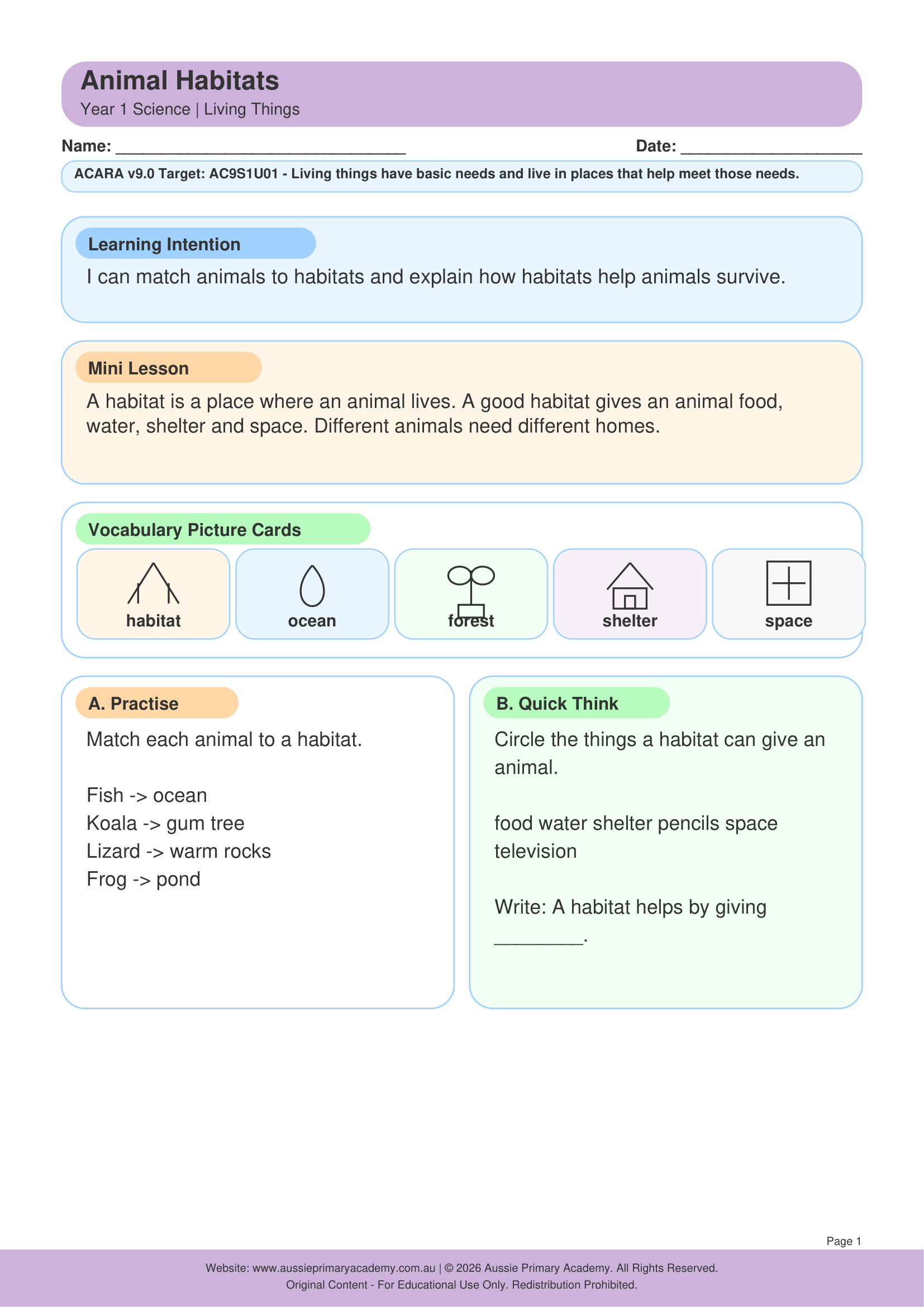 Animal Habitats Ac9S1U01 Colour worksheet preview