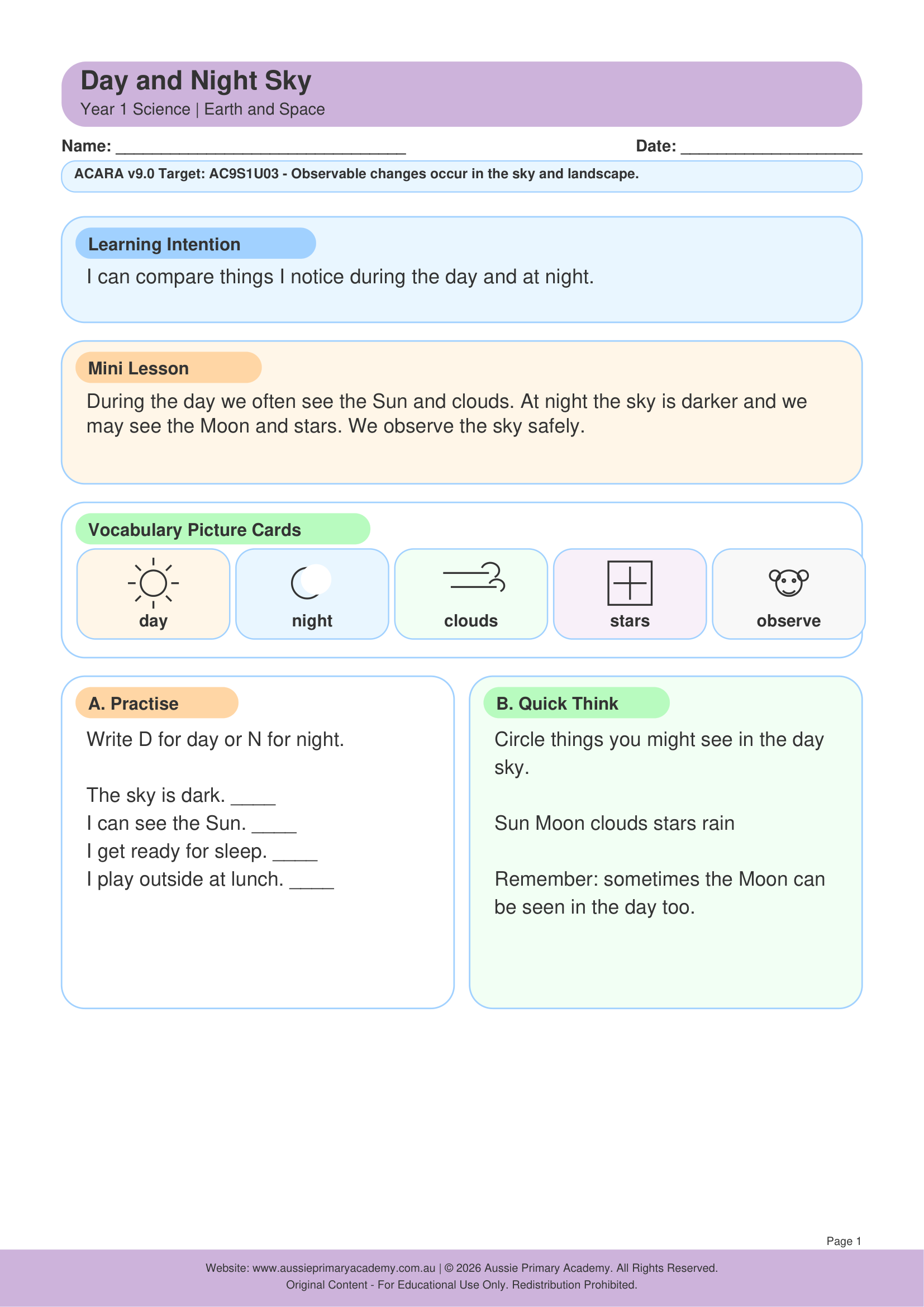 Day And Night Sky Ac9S1U03 Colour worksheet preview