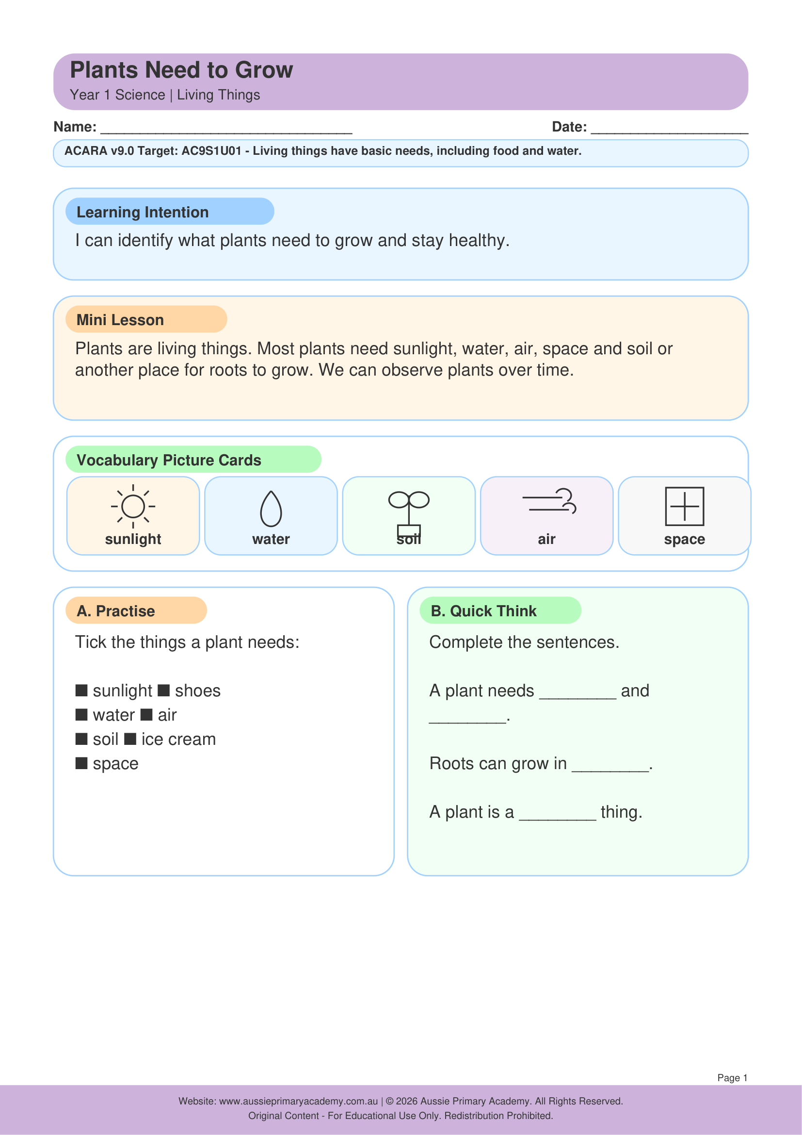 Plants Need To Grow Ac9S1U01 Colour worksheet preview
